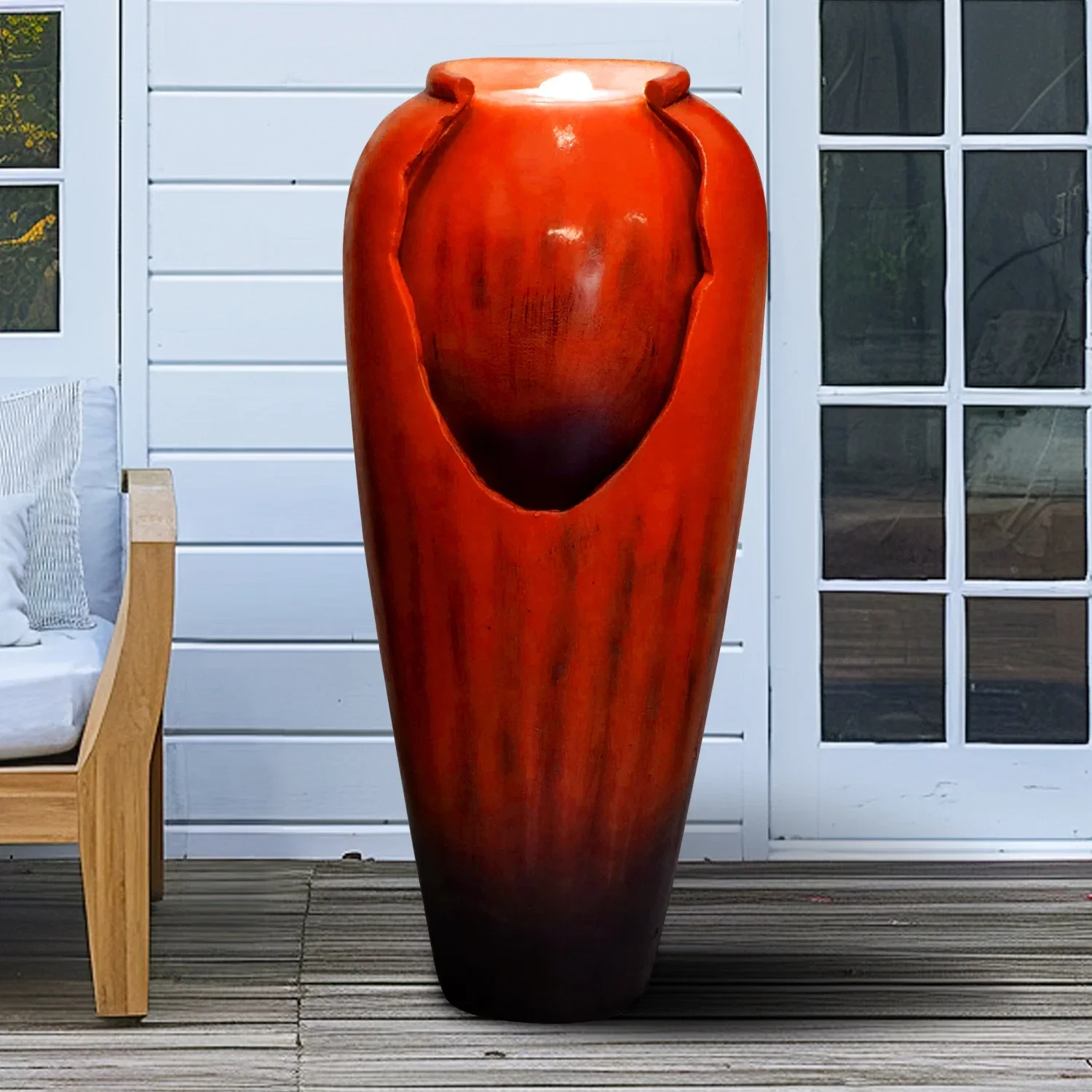 ourrco 30.7H Concrete Vase Water Fountain, Modern Cascading Waterfall Feature with LED Lighting and Pump, Perfect for Indoor or Outdoor Home and Garden Decor, Red