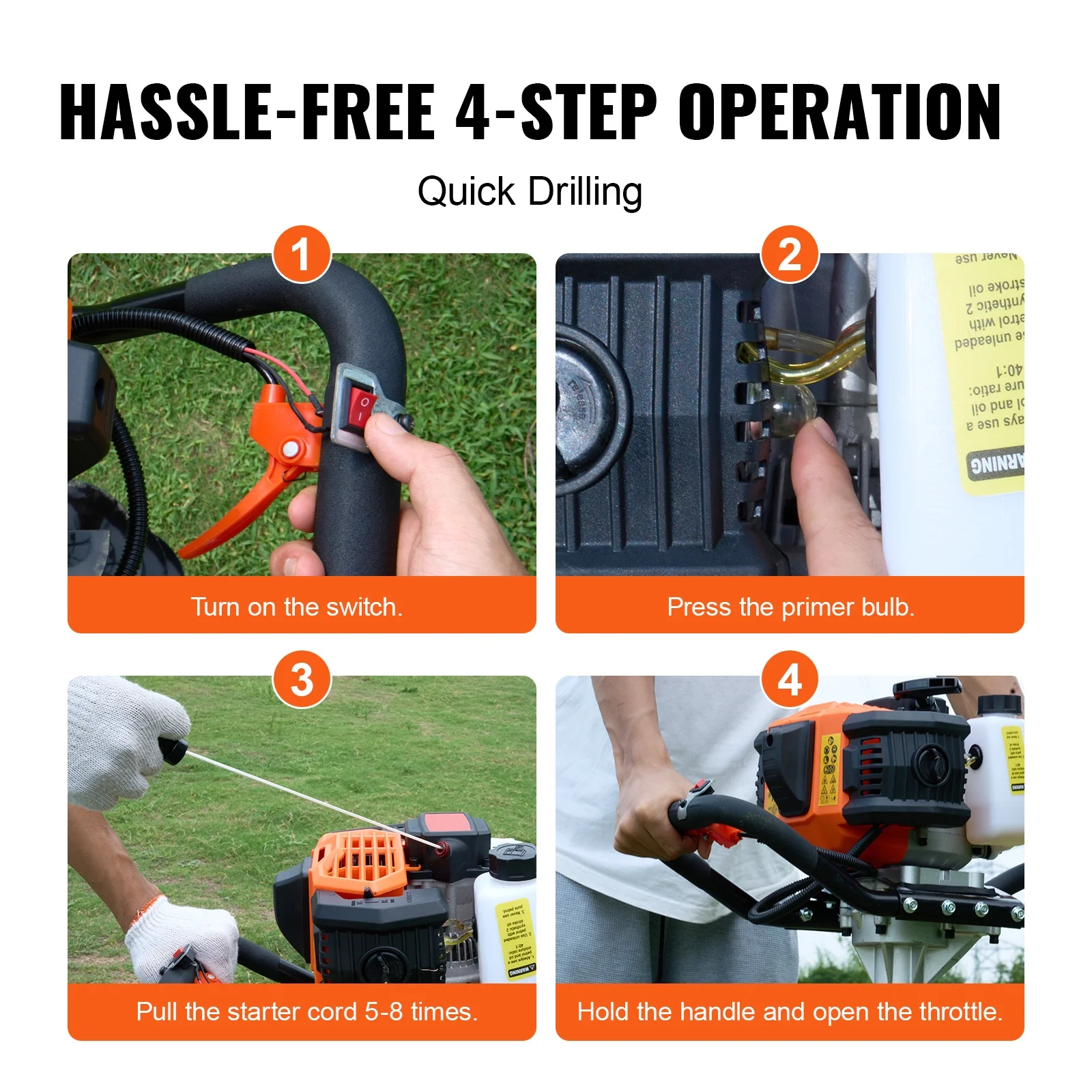 Gas Earth Auger, 52CC 1450W, includes 8�� Drill Bit Extension Rod, Ideal for Garden, Farmland Fence Installation, Orange Black - Image 6