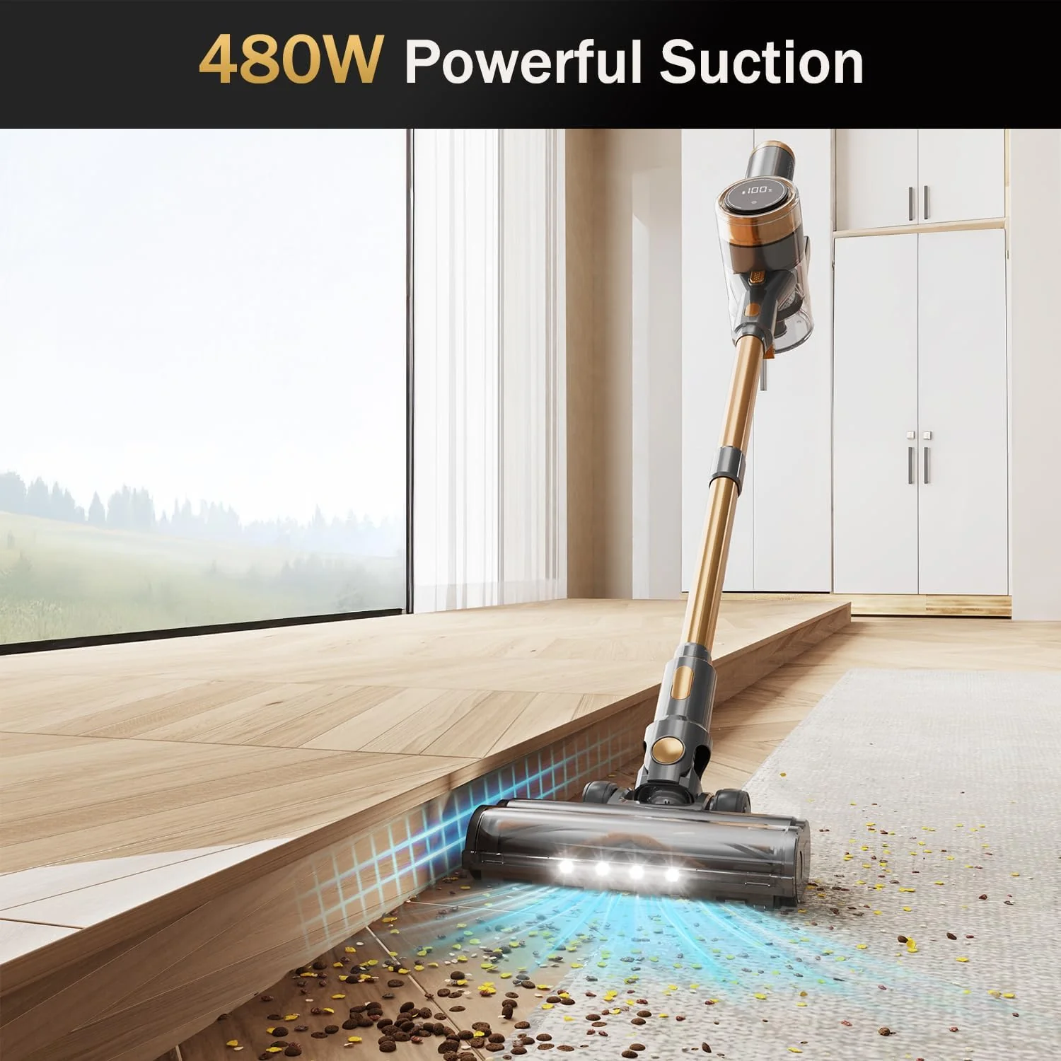 Aspirateur balai sans fil 10 en 1, léger, avec 45 minutes d'autonomie, aspiration puissante, écran tactile LED, rechargeable, idéal pour la maison, les sols durs, les tapis et les poils d'animaux (Or)
