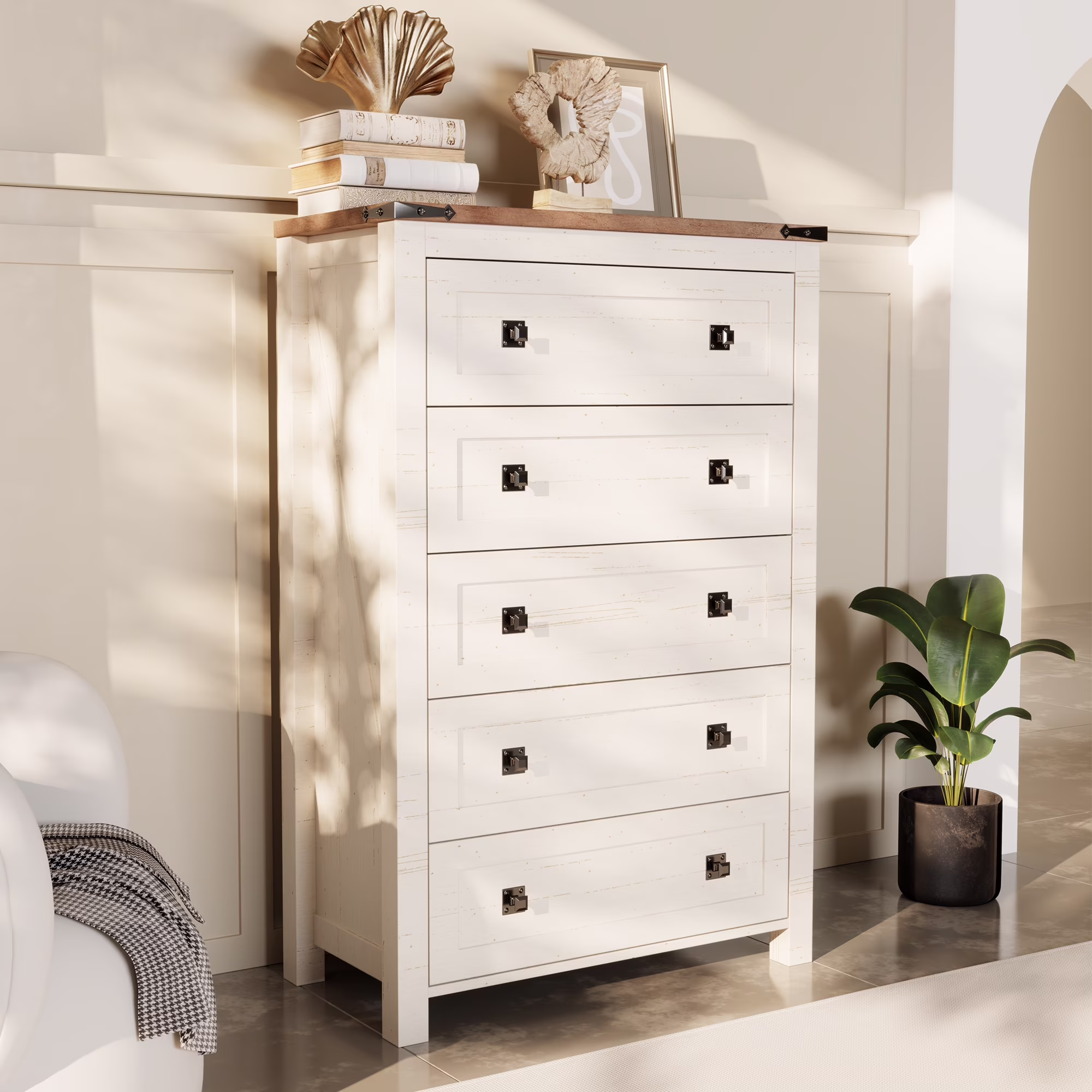 Farmhouse 5 Drawer Dresser for Bedroom, Chest of Drawers Wood Organizer for Living Room, Antique White(Antique White)