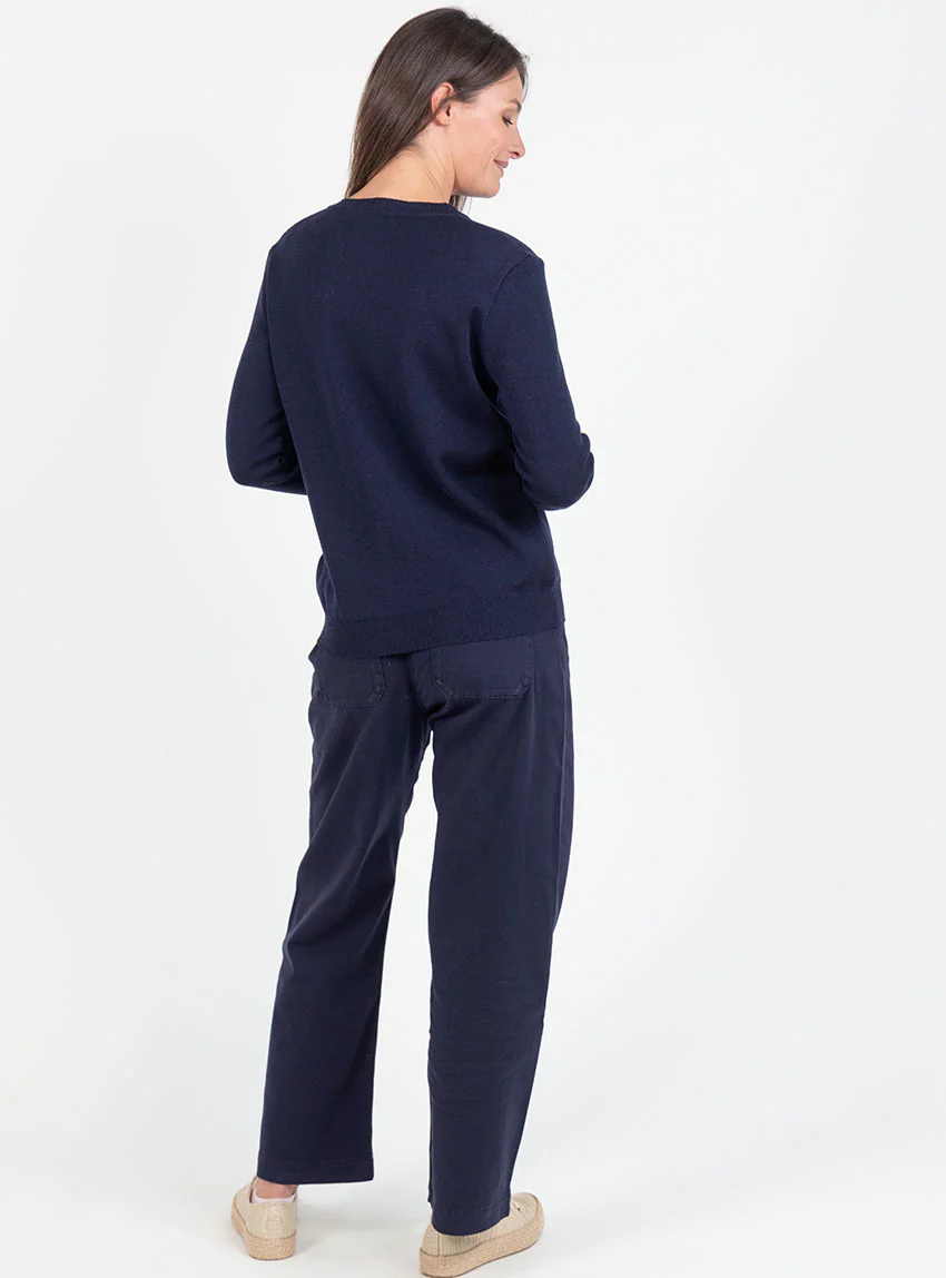 Pull femme en laine mérinos col rond bleu marine