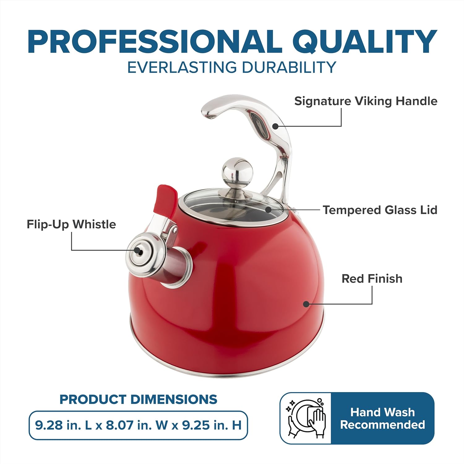 Viking 3-Ply Stainless Steel Tea Kettle, 2.6 Quart Stovetop Hot Water Pot with Tempered Glass Lid, Ergonomic Handle, Induction Ready, Red
