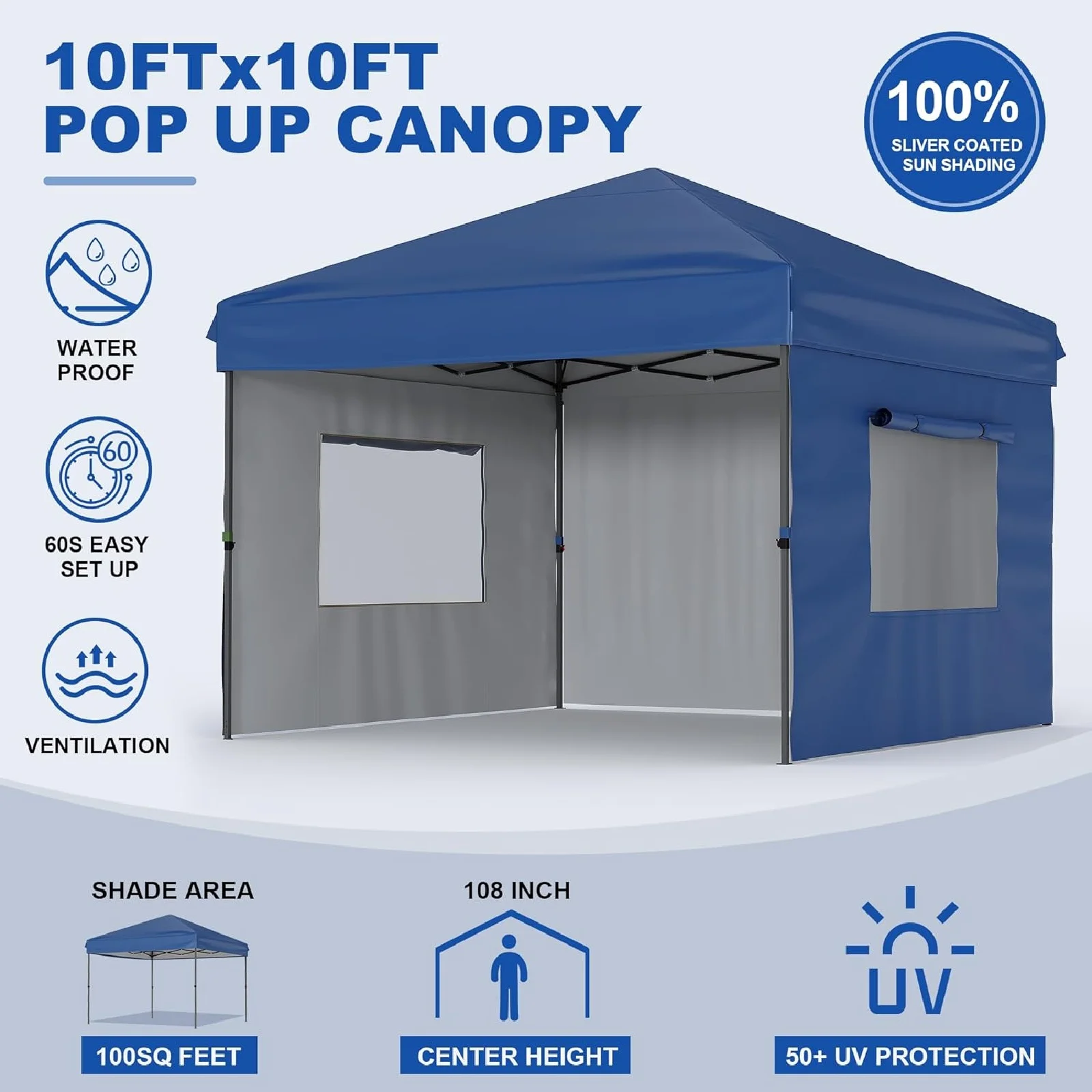 10x10FT Pop Up Canopy Tent, Folding Tent Shelter with 3 Removable Sidewalls, Easy Setup Outdoor Canopy, Height Adjustable Shelter Gazebos(10' x 10'/Blue) - Image 4