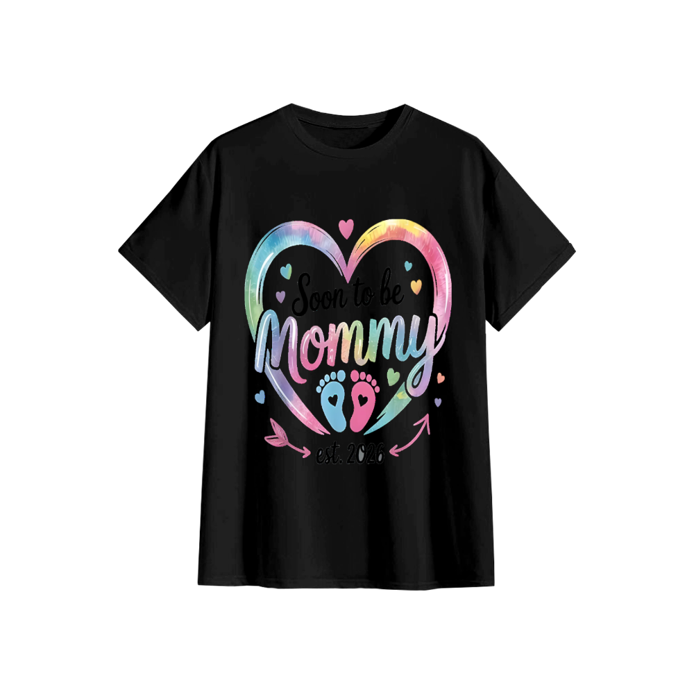 2026 New Mom Rainbow Heart Baby Footprint T-Shirt - wanlinfang