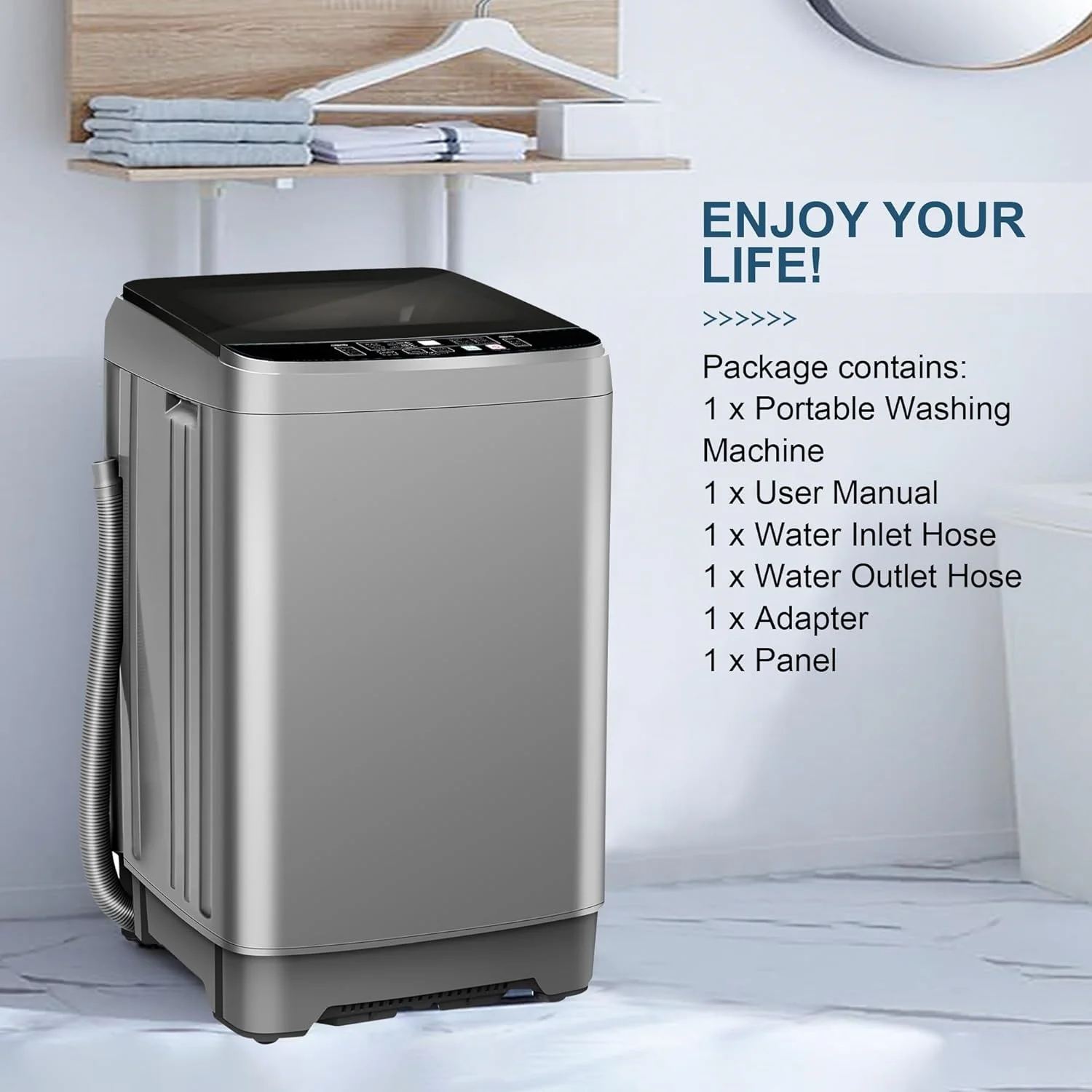 Portable Washing Machine, 25 lbs Full Automatic Washer with 10 Programs 8 Water Levels, Top Load Clothes Washing Machines with LED Display for Home, Apartment, Grey - Image 7