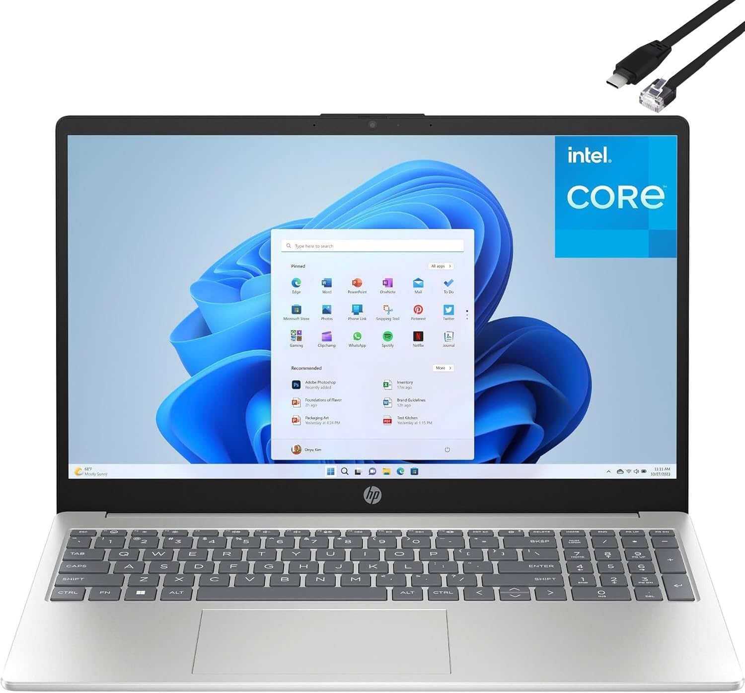 HP Laptop Computer  15.6“ FHD Display  Intel 4-Core Processor  8GB RAM  256GB PCIe SSD  WiFi 6  BT 5.3  Numeric Keypad  Lifetime Microsoft Office 365  Natural Silver  Windows 11 Home  Type C RJ45