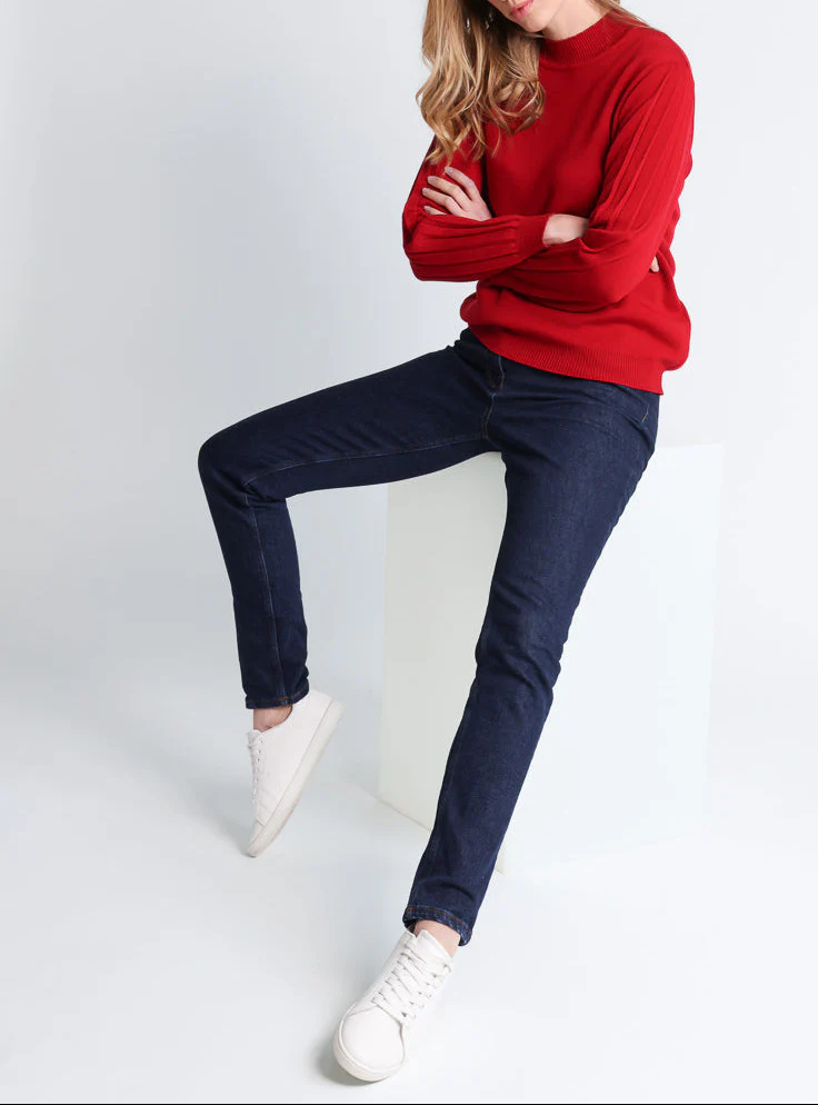 Pull femme en laine mérinos manches fantaisies Rouge foncé
