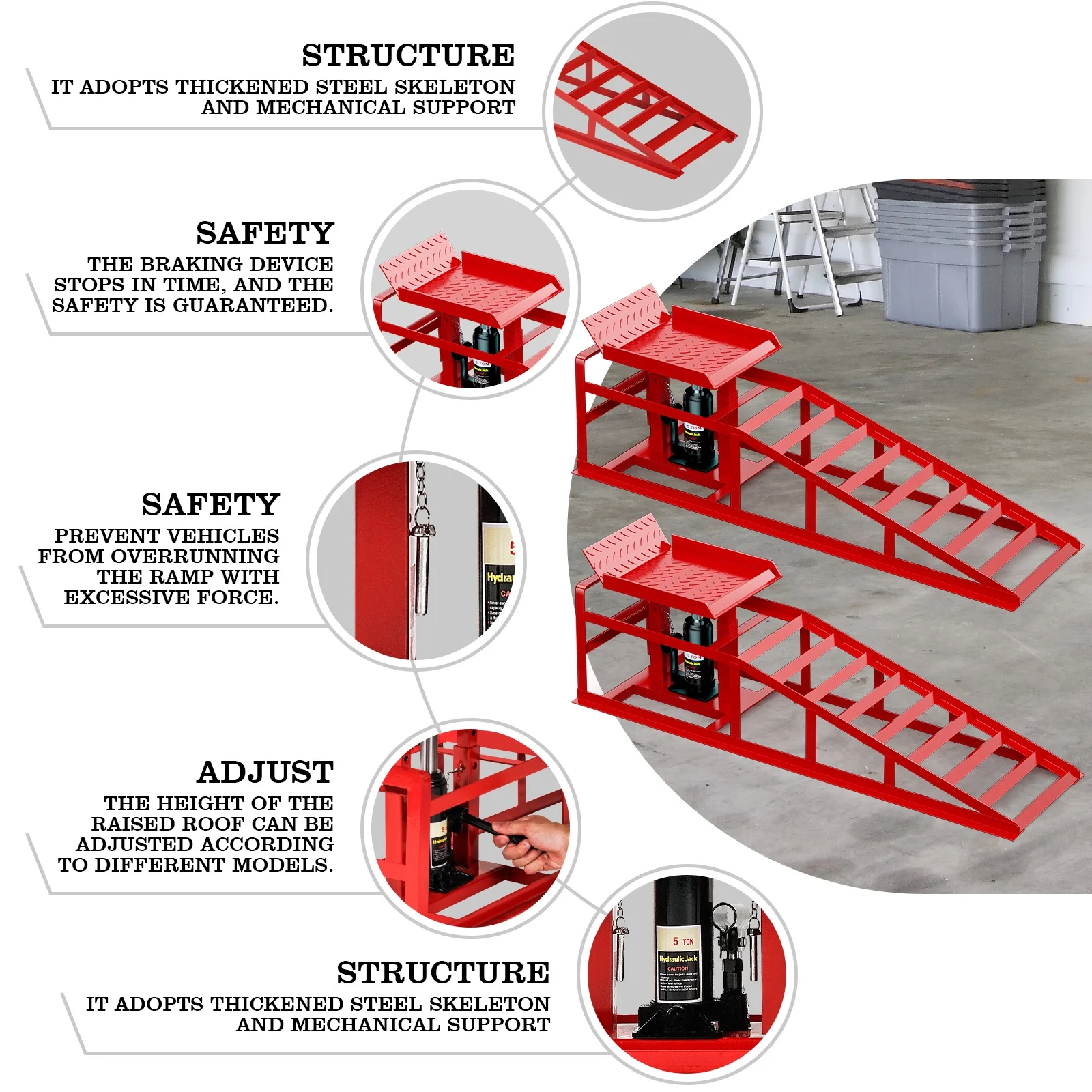 2-Pack Hydraulic Car Ramps: Heavy-Duty Vehicle Ramps with 5T / 10000lbs Jack Load Capacity, Portable Design for Effortless Oil Changes and Car Lifts(Red) - Image 4