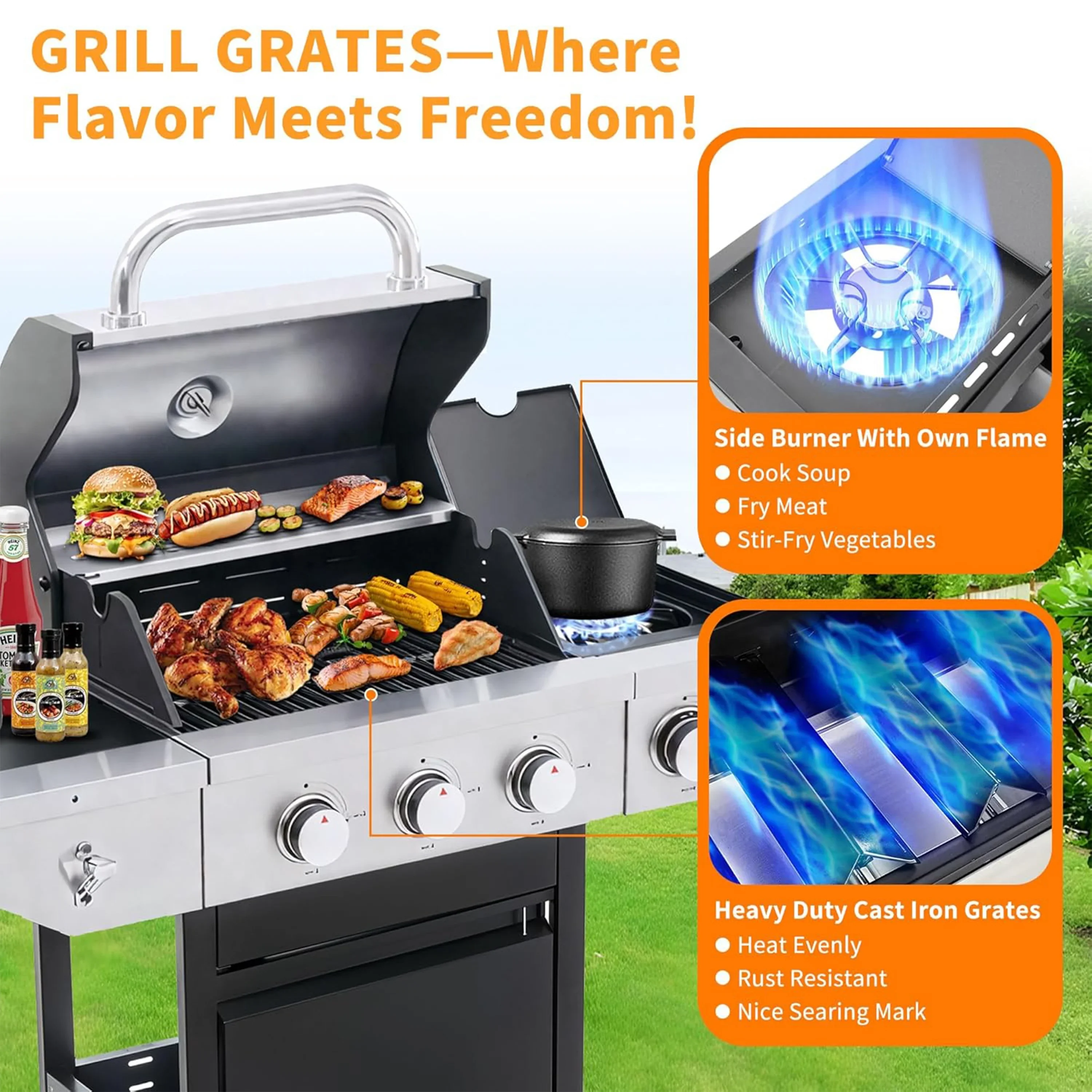 Furnibear 4 Burner BBQ Propane Gas Grill, Stainless Steel 34,000 BTU Patio Garden Barbecue Grill with Two Foldable Shelves