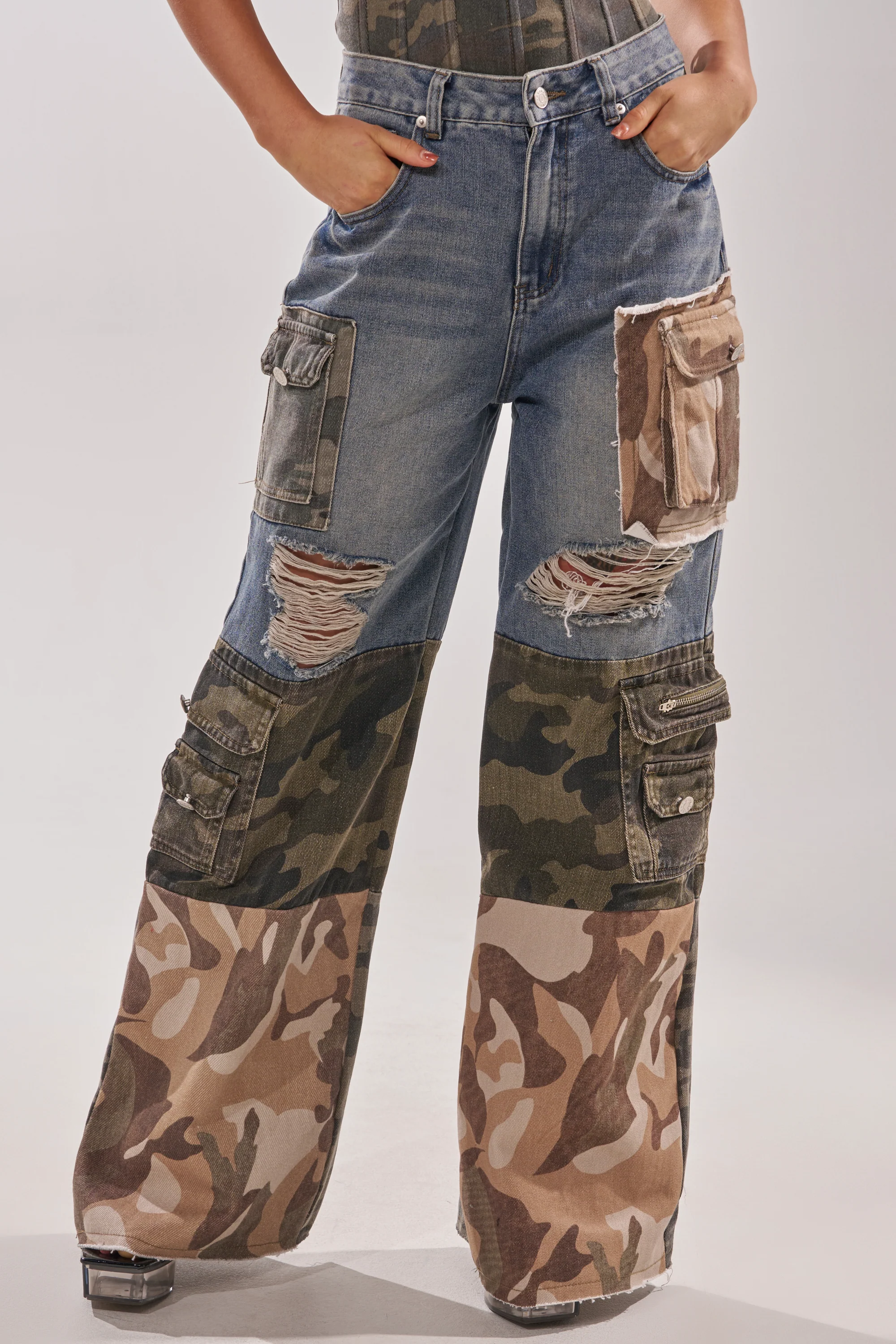 MIXED CAMO DENIM CARGO PANTS - Akira Store