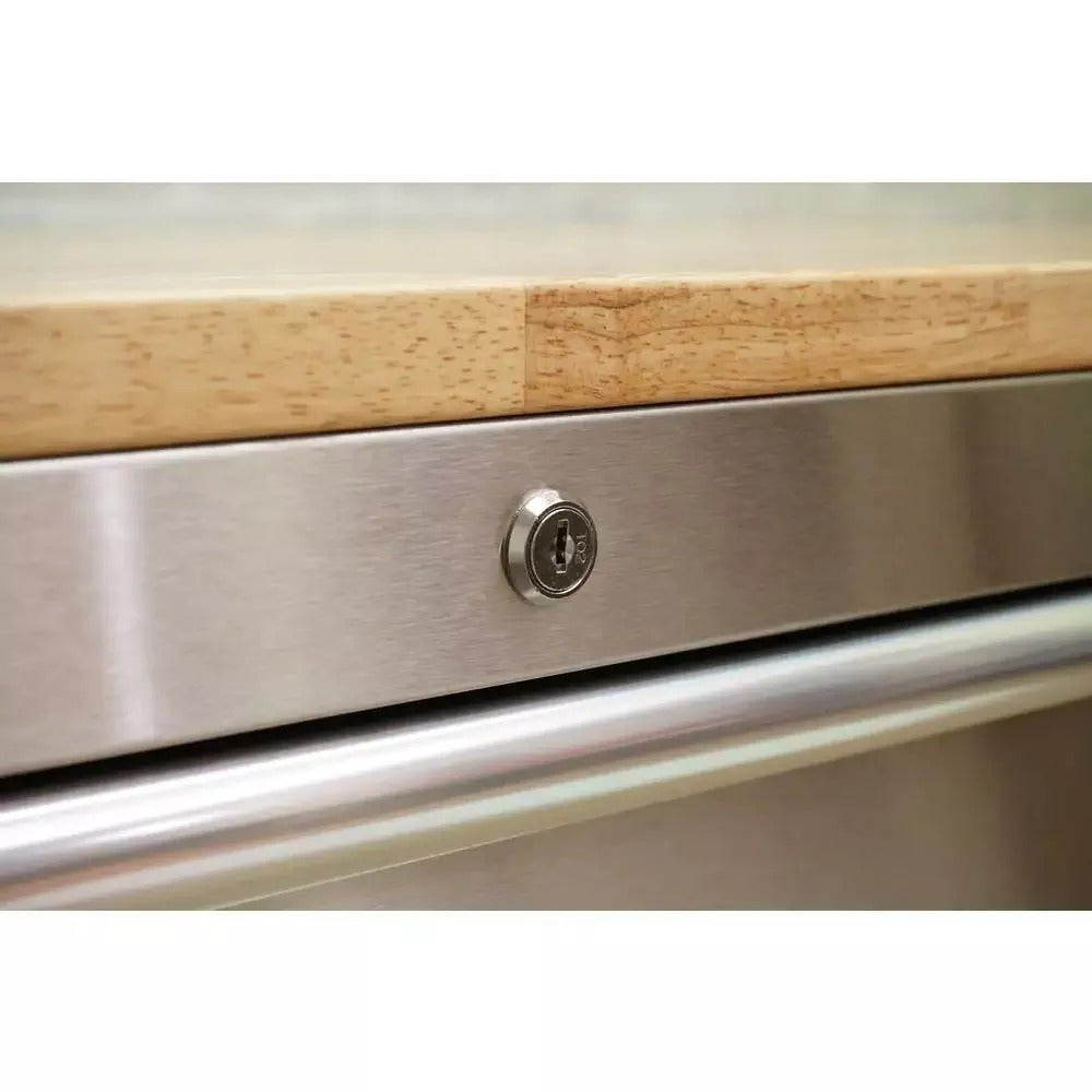 Établi mobile de 72 po (183 cm) de profondeur, 18 tiroirs, plateau en bois massif, acier inoxydable