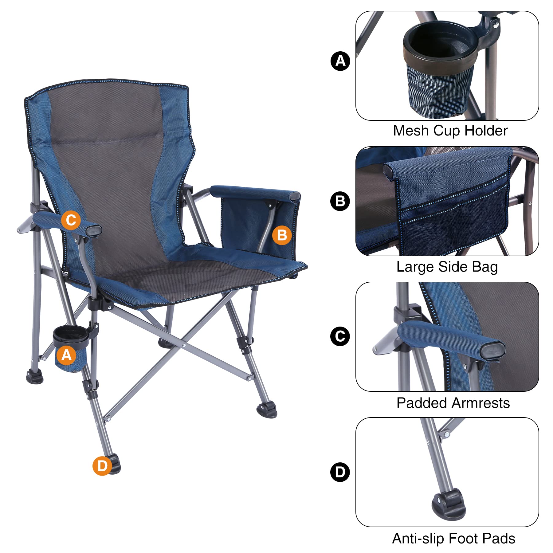 Easy Folding High-Back Portable Camping Chair Sturdy Steel Frame with Cup Holder Metal Garden Chair