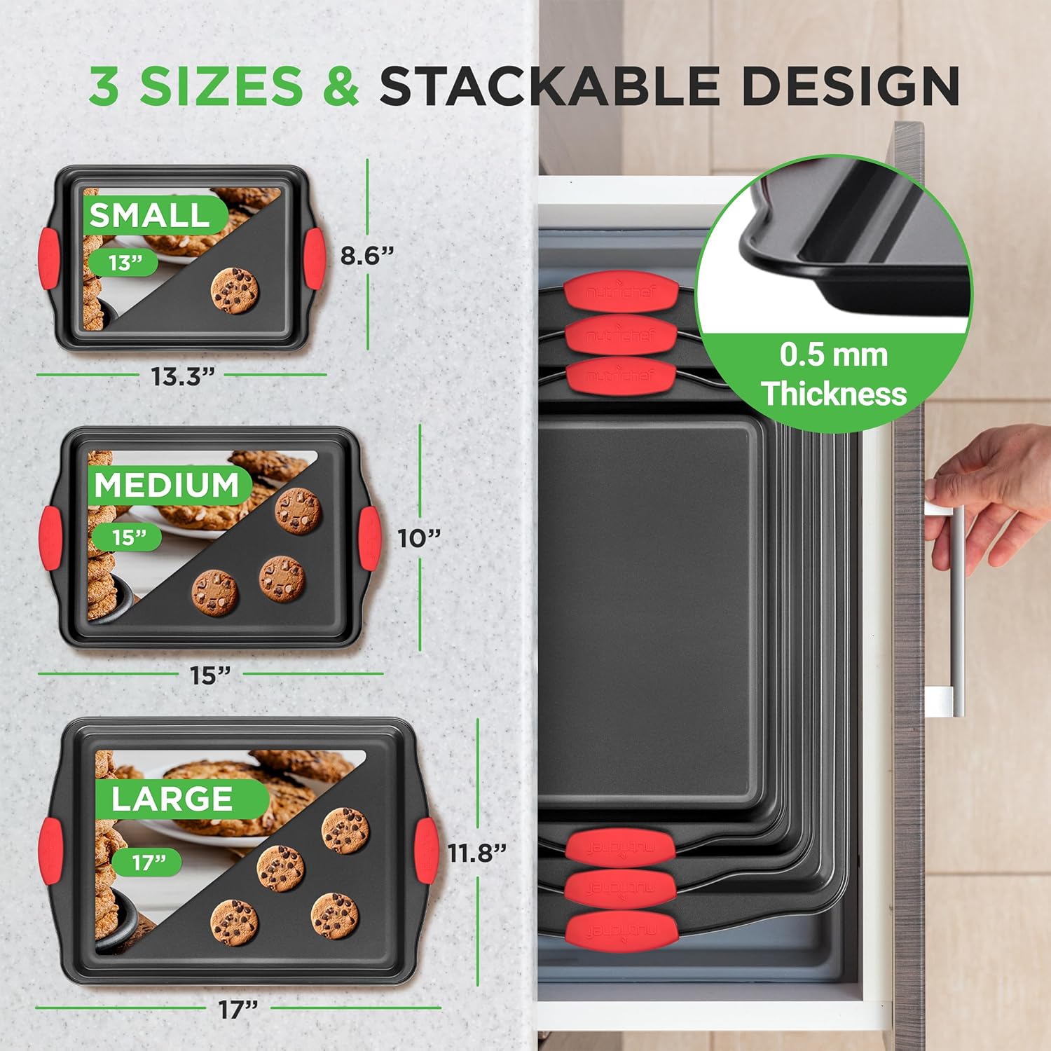 NutriChef 3-Piece Nonstick Cookie Sheets – Carbon Steel Baking Sheet Set with Non-Stick Coating & Red Silicone Handles – Oven Pans for Family Baking