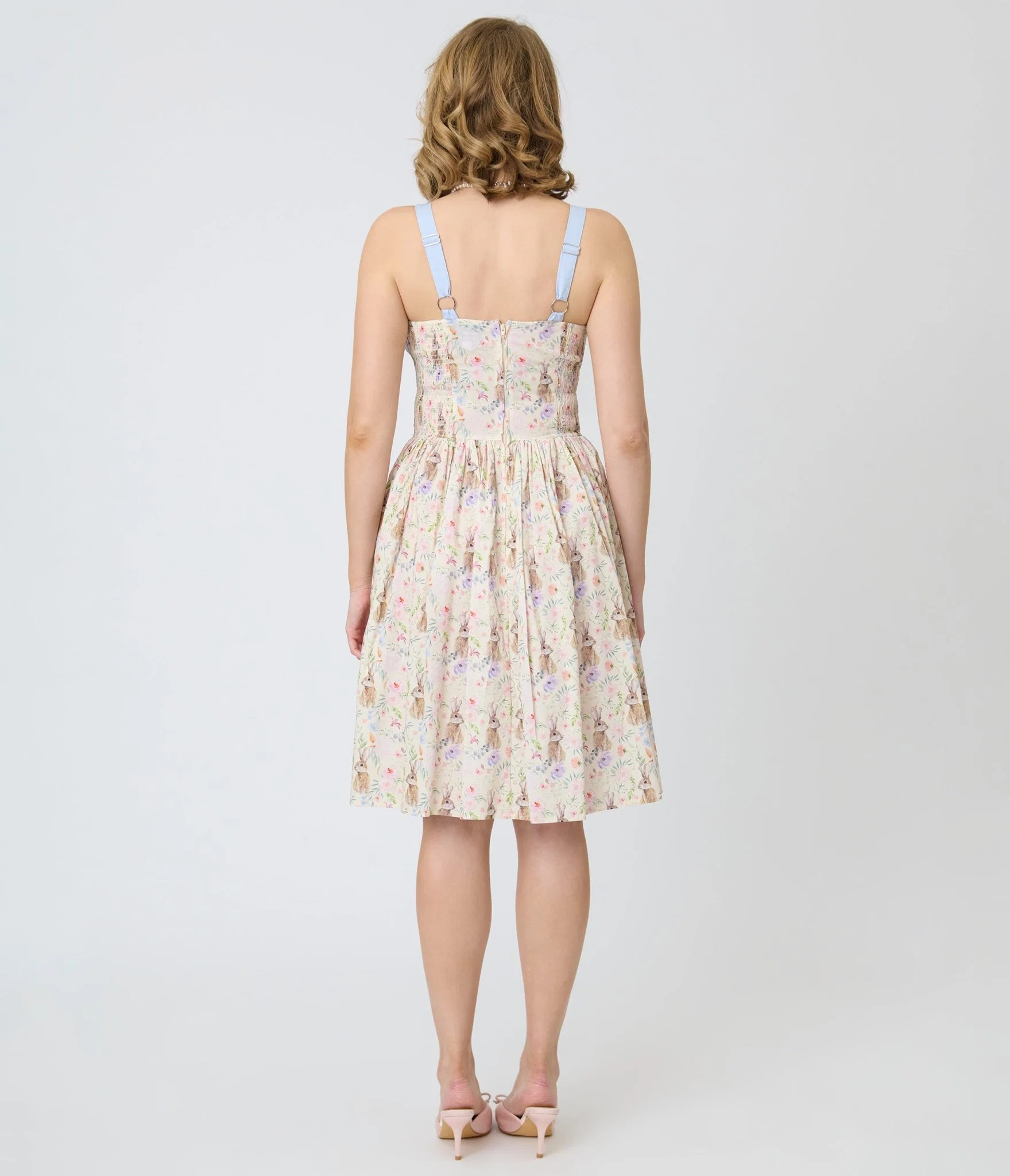 Unique Vintage Periwinkle Bunny Print Rachel Swing Dress