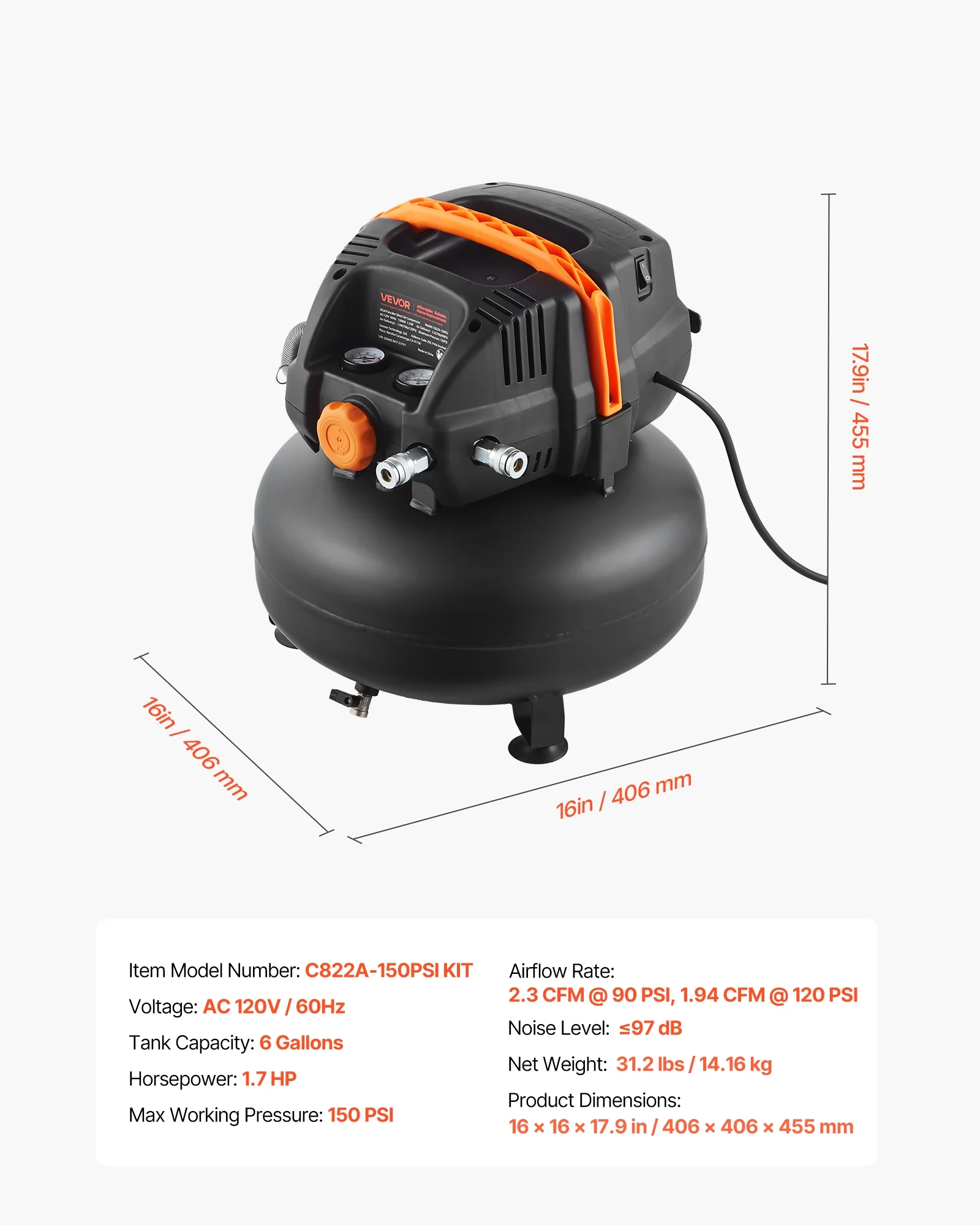 6 Gallon Air Compressor,1.7HP 2.3CFM@90PSI Portable Pancake Air Compressor 150PSI Max Pressure, 12-Piece Accessory Kit with 25FT Air Hose for Tire Inflation, Spray Painting, Woodwork Nailing - Image 7