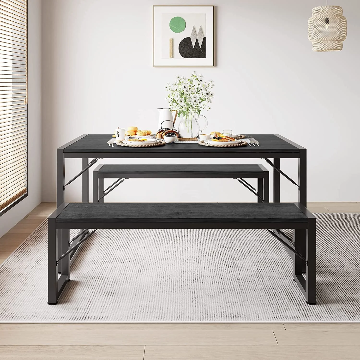 Dining Table Set for 4 People with 2 Benches, Dinette Set, 550 lb, Black