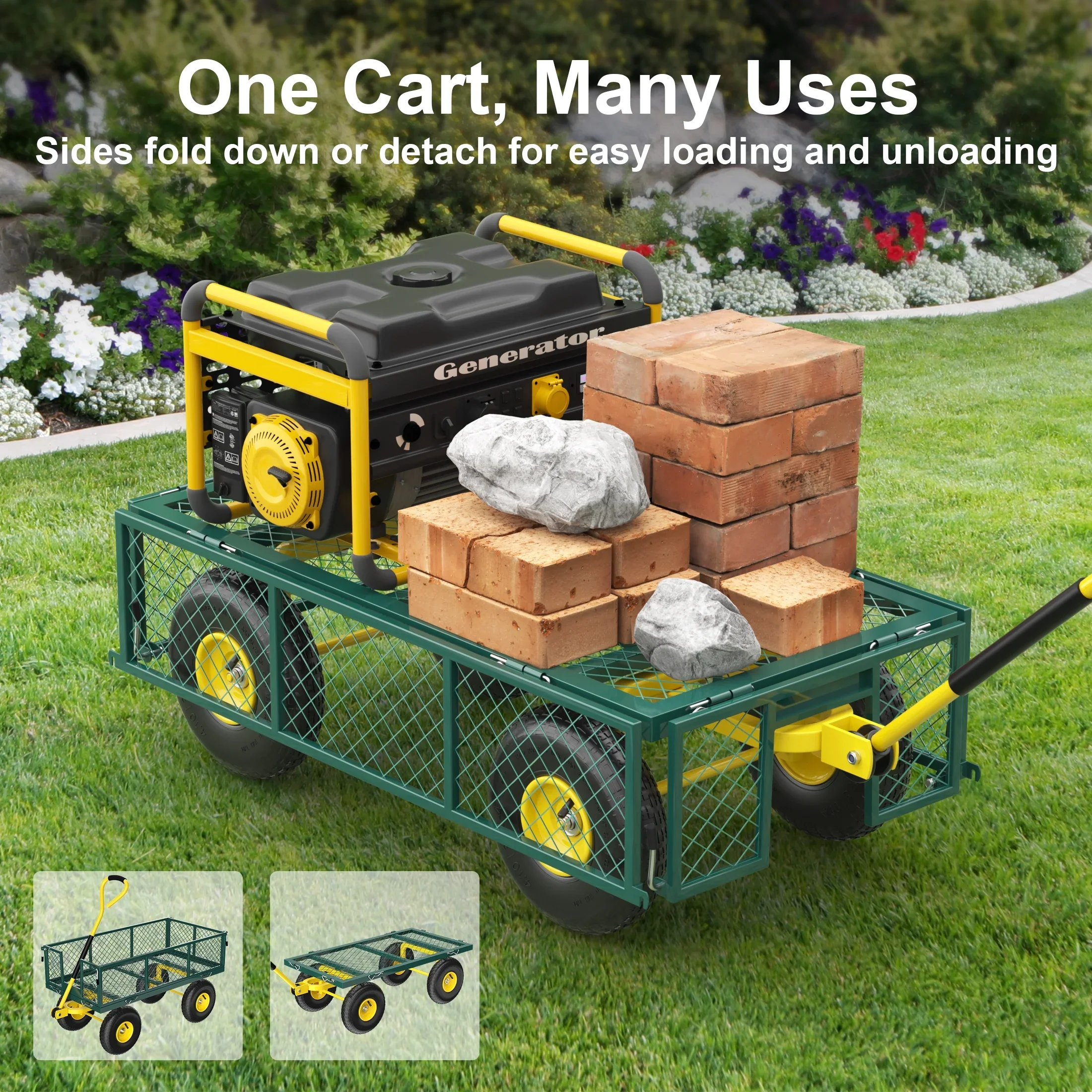 Firstness Heavy Duty Garden Cart, 900 lbs Capacity Garden Wagon with Removable Sides, Black