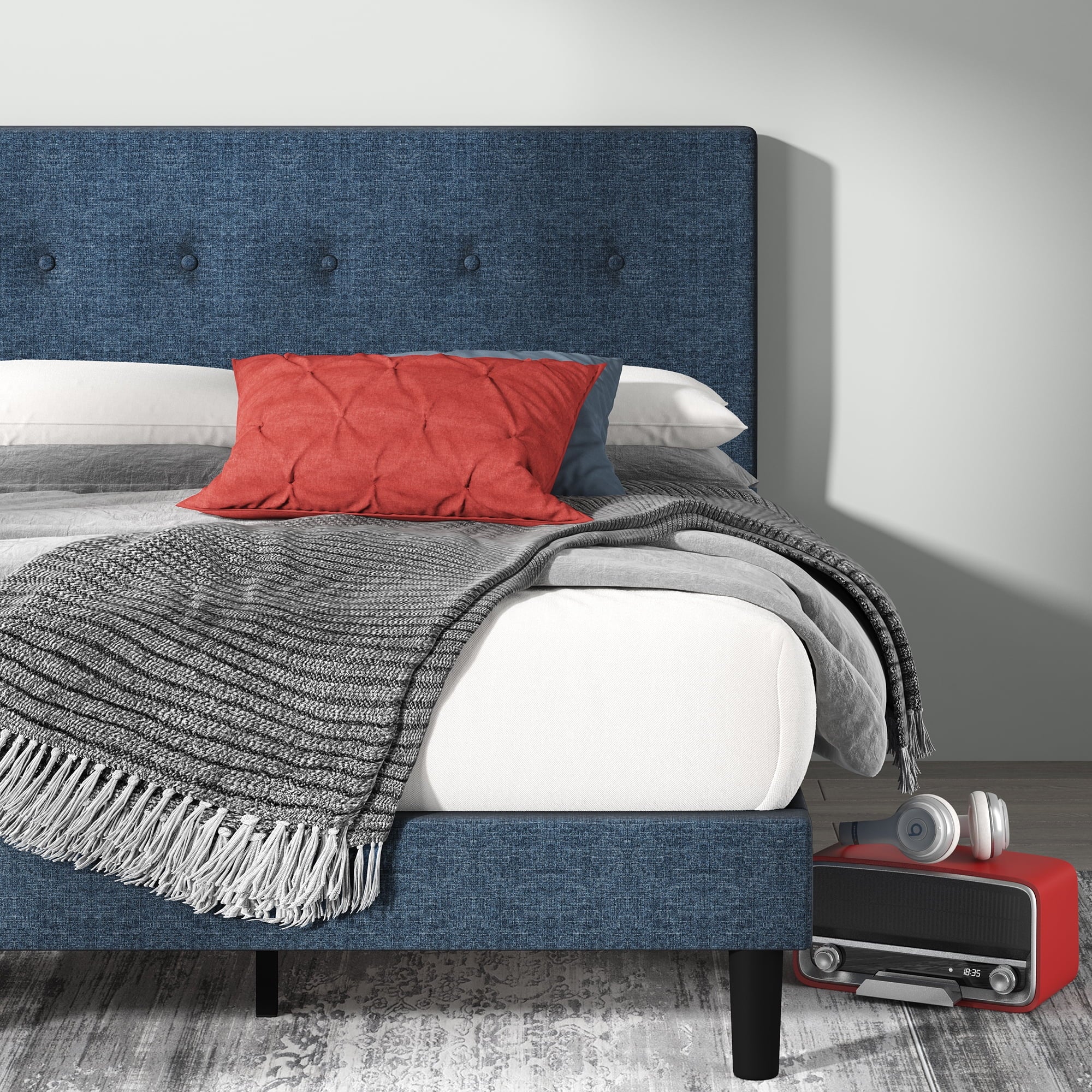 Zinus Omkaram 47" Upholstered Navy Platform Bed, Full(Full)
