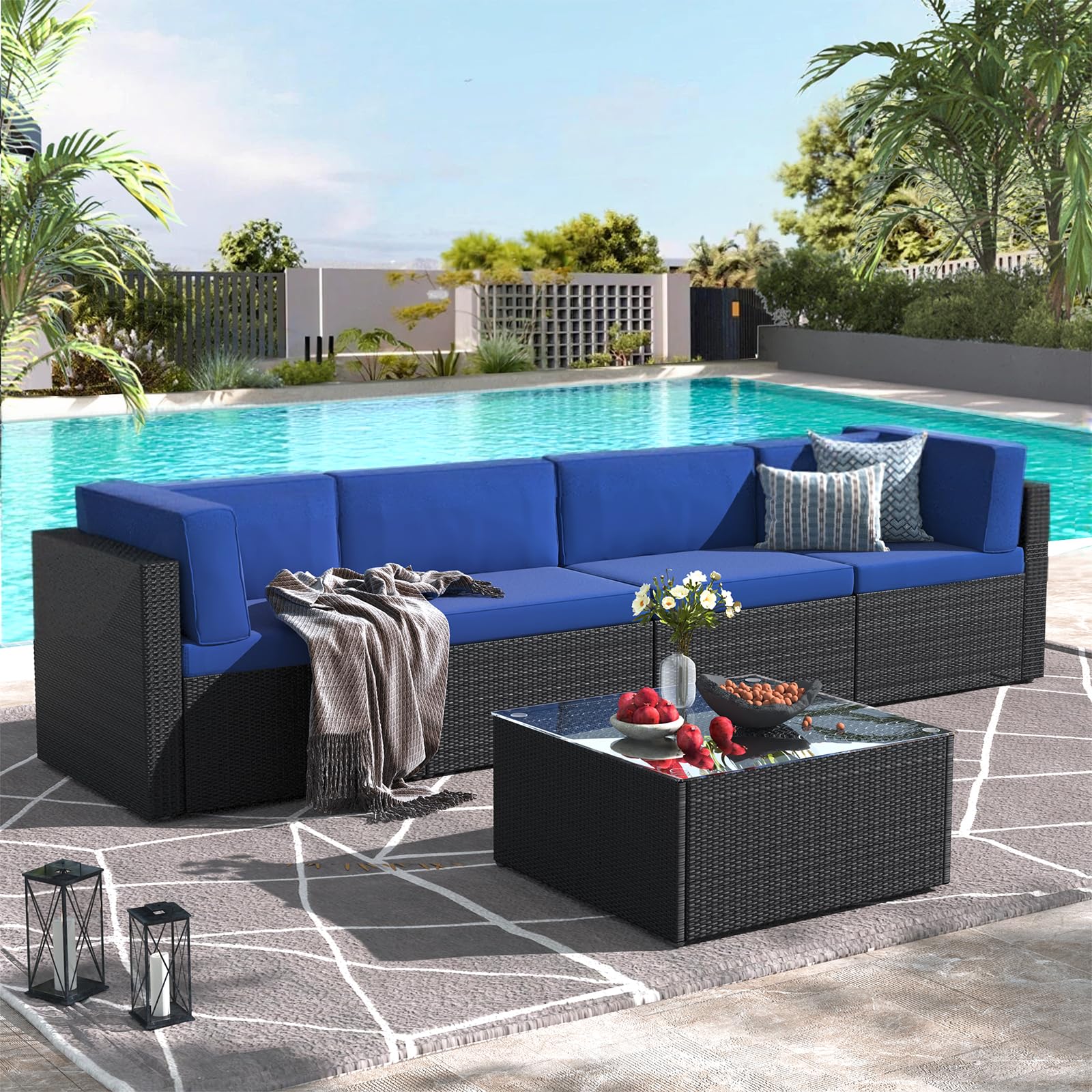 AECOJOY 5 Piece Outdoor Patio Furniture Set, Patio Wicker Sectional Furniture Chair Set, Black Rattan&Blue Cushion