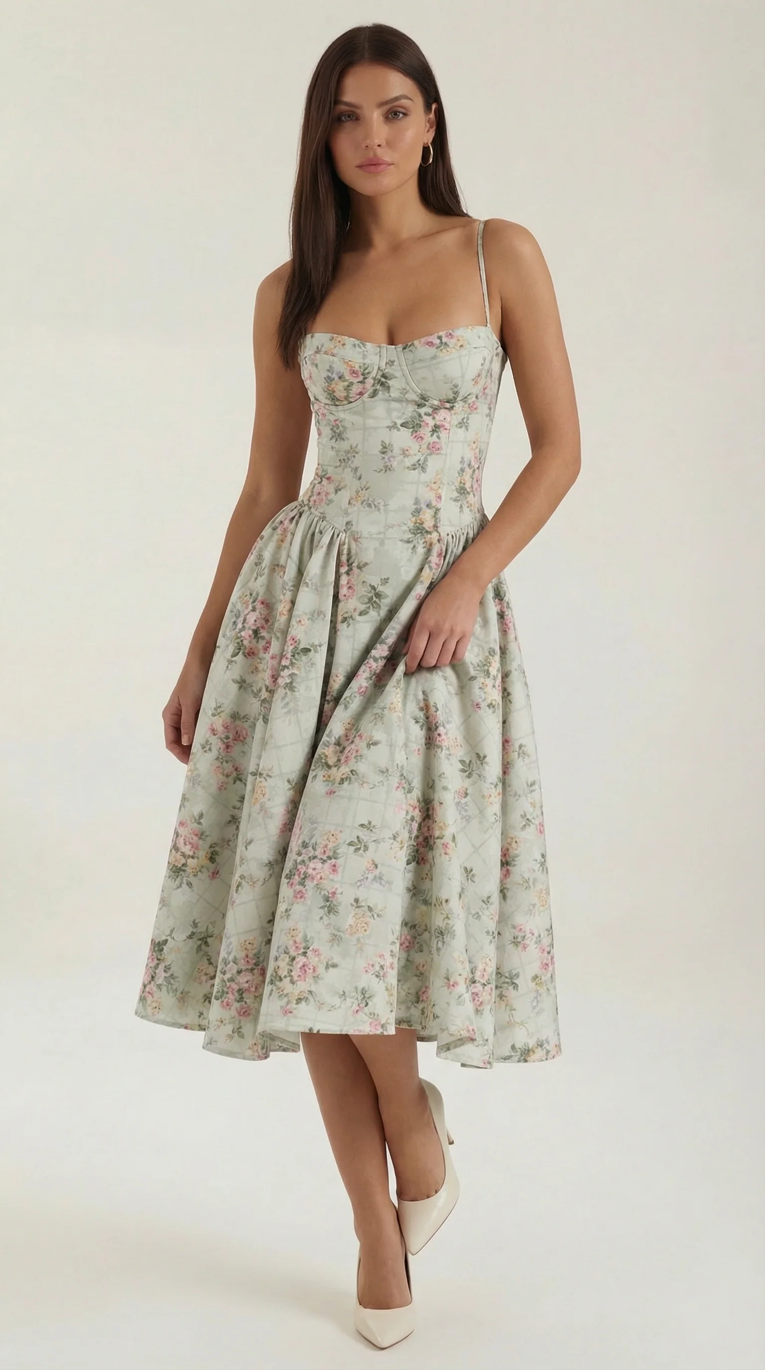 Robe mi-longue corset florale pour femme avec décolleté en cœur