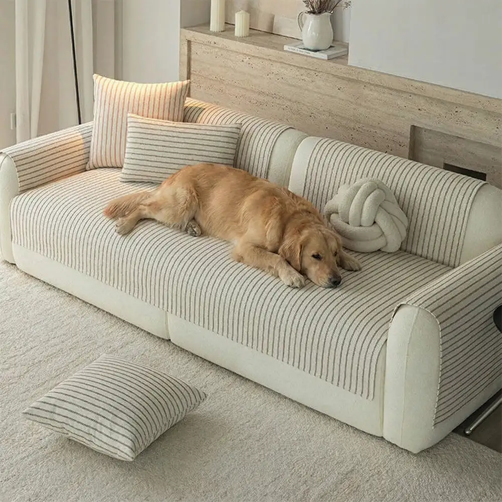 Faux Cotton-Linen Chenille Striped Breathable Scratch-Resistant Couch Cover