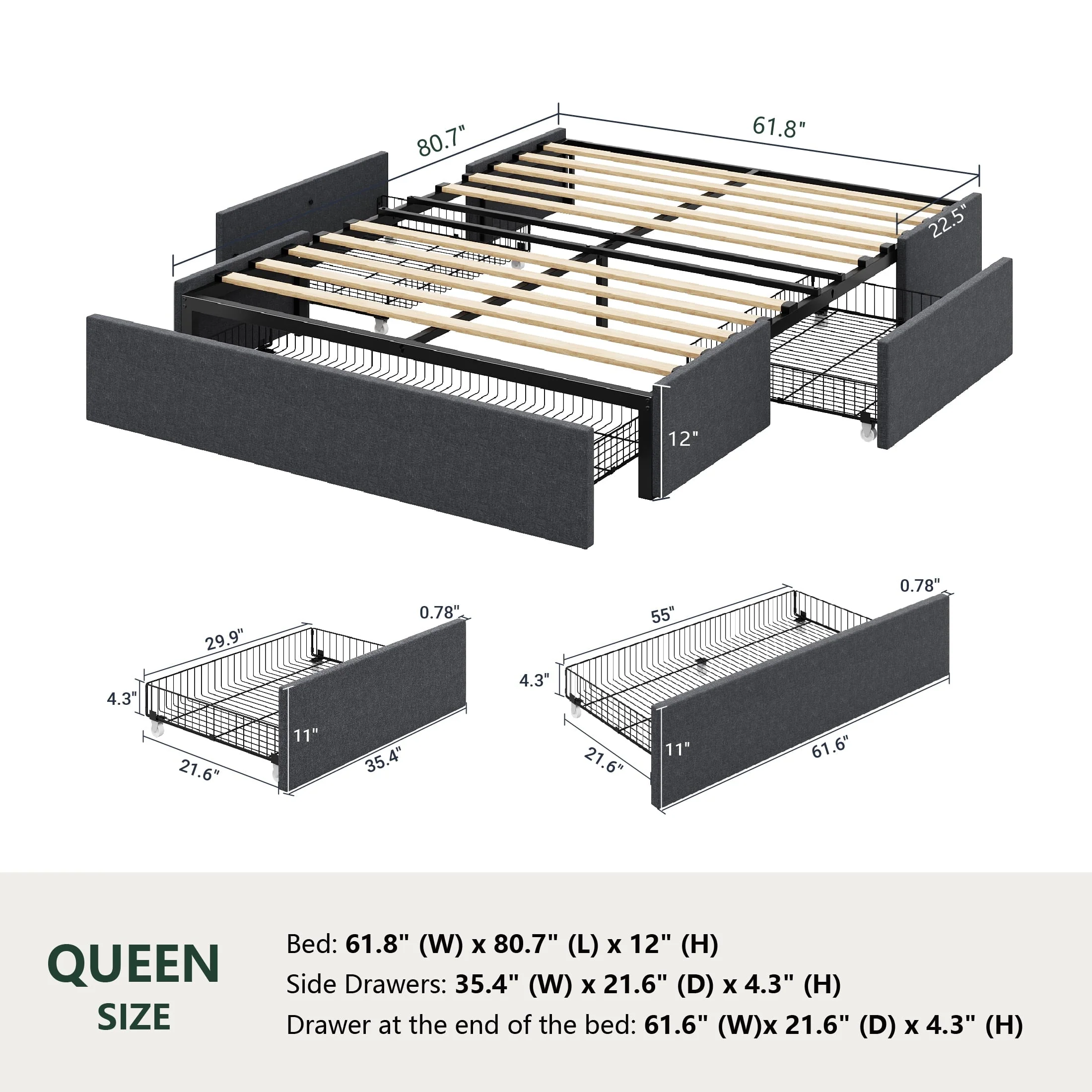 Amolife Queen Size Upholstered Platform Bed Frame with 3 Storage Drawers and Wooden Slats, Dark Grey Image 7