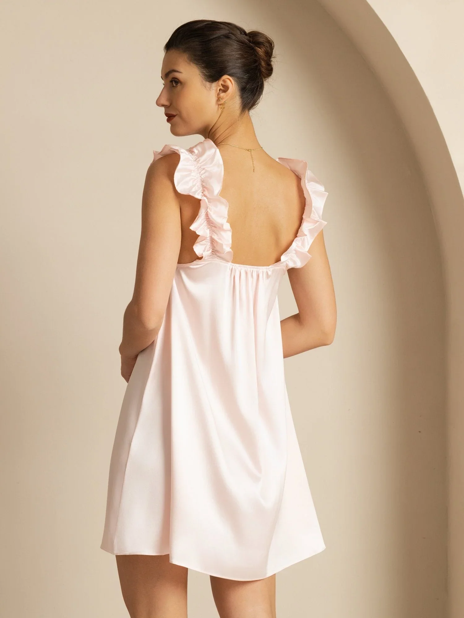 19Momme Silk Ruffle Strap Square Neck  Babydoll A-Line Short Nightgown