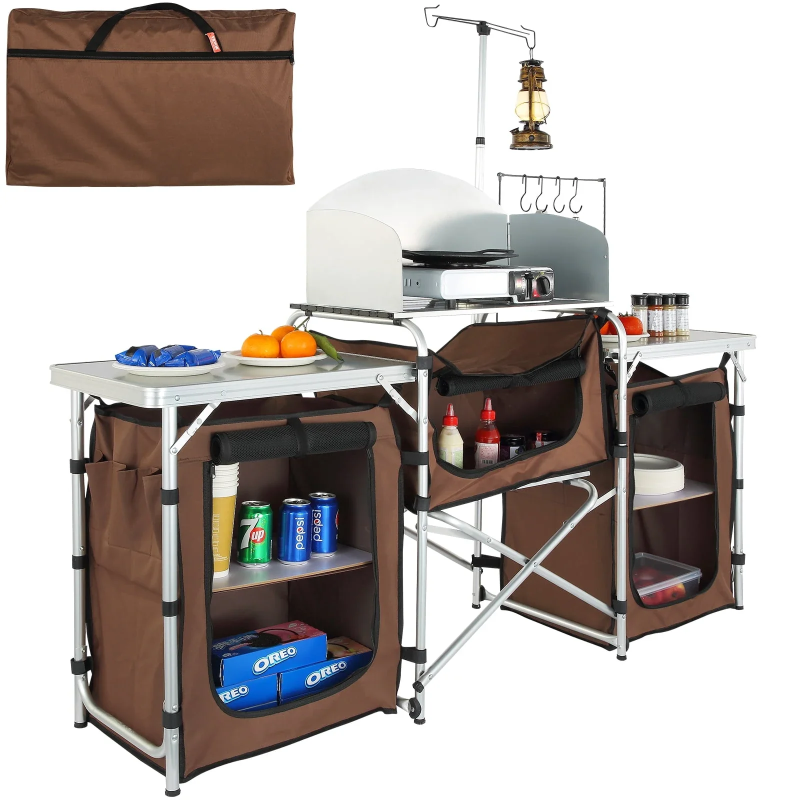 VEVOR Folding Camping Kitchen Table, Aluminum Cook Station, 3 Cupboards, Detachable Windscreen and Carry Bag, Brown