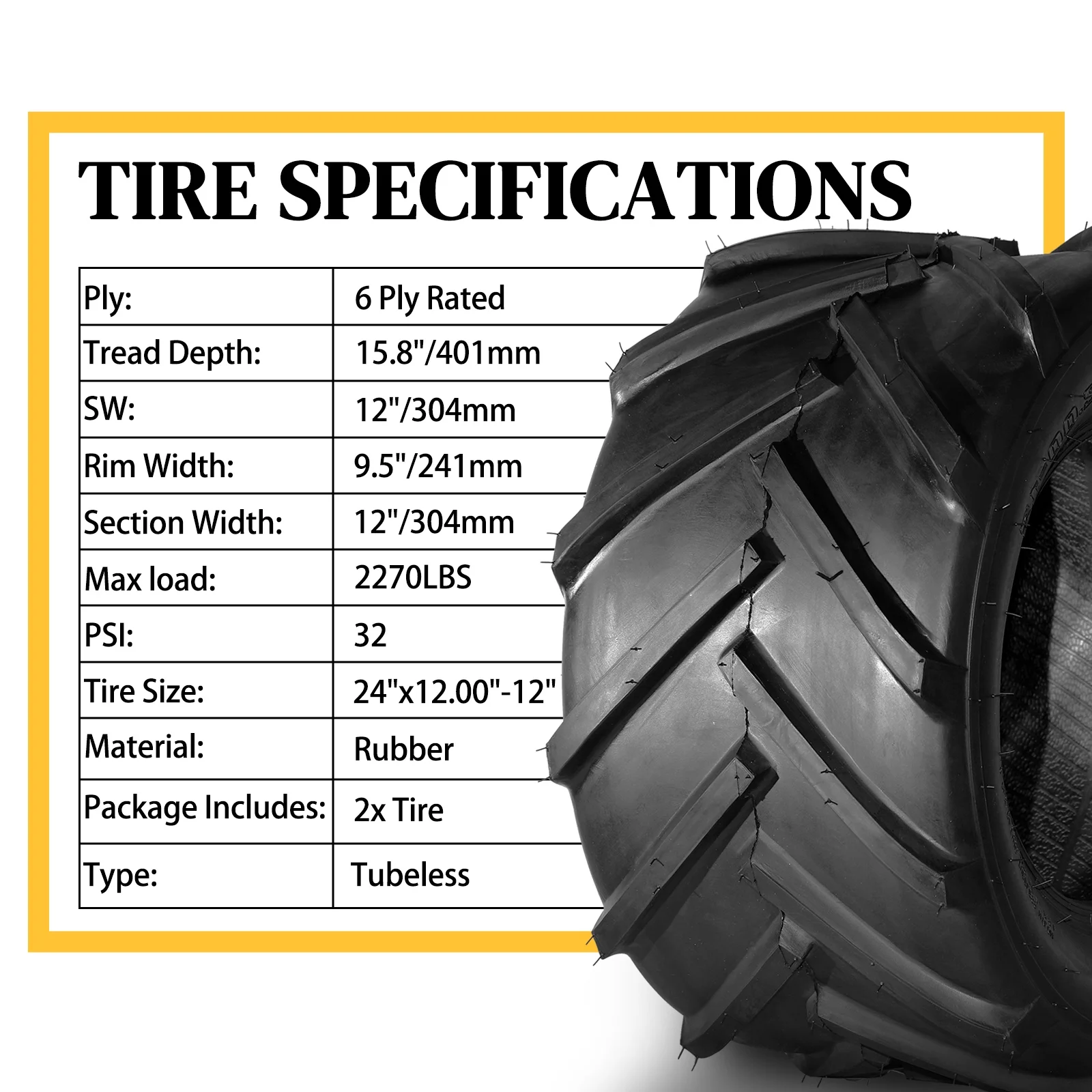 Ktaxon 2 Pack 24x12.00-12 Lawn Mower Turf Tires, Garden Mower Tractor Cart Tires, 6PR Golf Cart Tires, Tubeless - Image 3