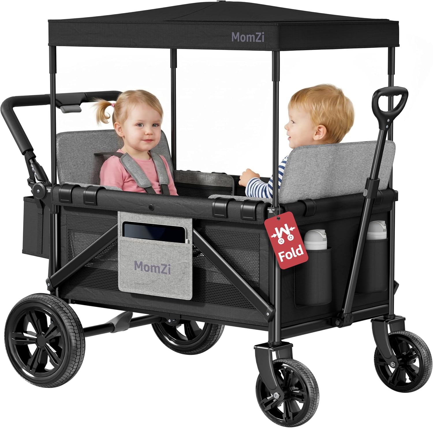 Wagon Stroller for 2 Kids, Collapsible Wagon Stroller with Removable Canopy, Foldable Stroller Wagon with 2 Seats and Storage Pocket for Baby Toddlers Black