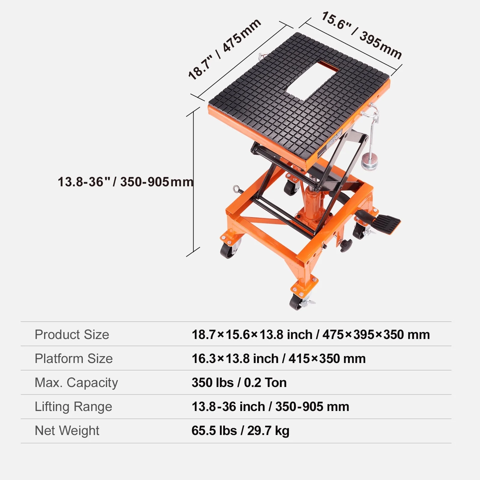 Hydraulic Motorcycle Lift Table 350 lbs Height 13'-36' Dirt Bike Scissor Jack Stand with Wide Deck Safety Pin J-hook - Image 7