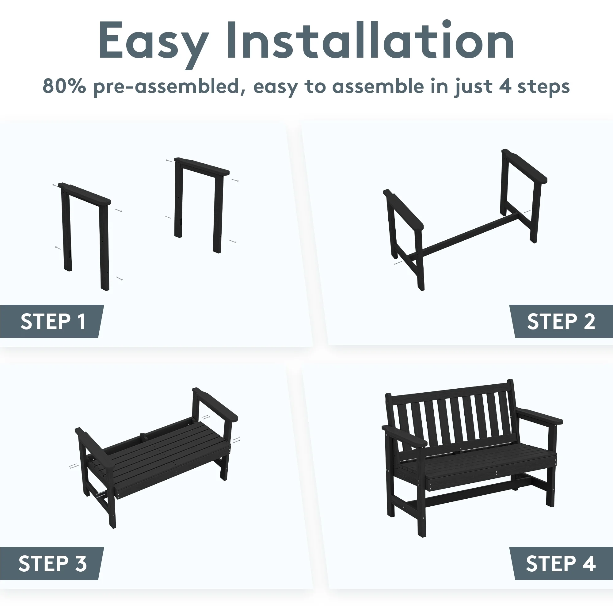 Outdoor Bench for 2-Person, Weather-Resistant HDPE with Aluminum Reinforcement, Supports 660 lbs, Comfortable Seating for Patio, Garden, and Porch, Black(Black/Single) - Image 10