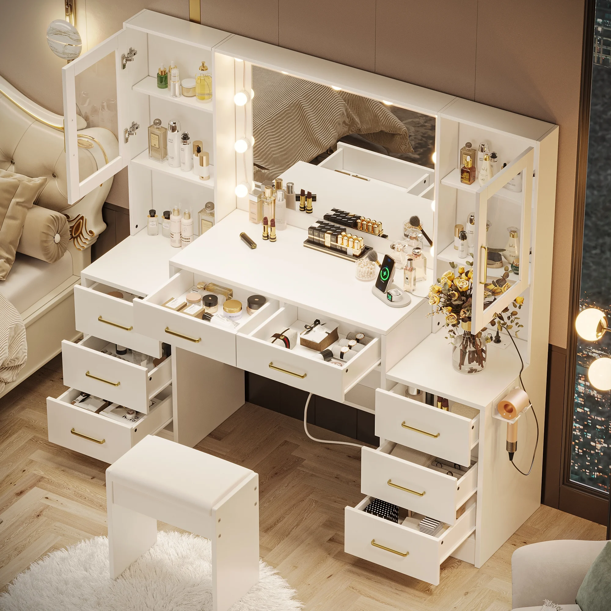 58.3" White Vanity Desk with Mirror, Adjustable Lighting, Power Outlet, Drawers, with Stool(58.3 Inch White) - Image 10