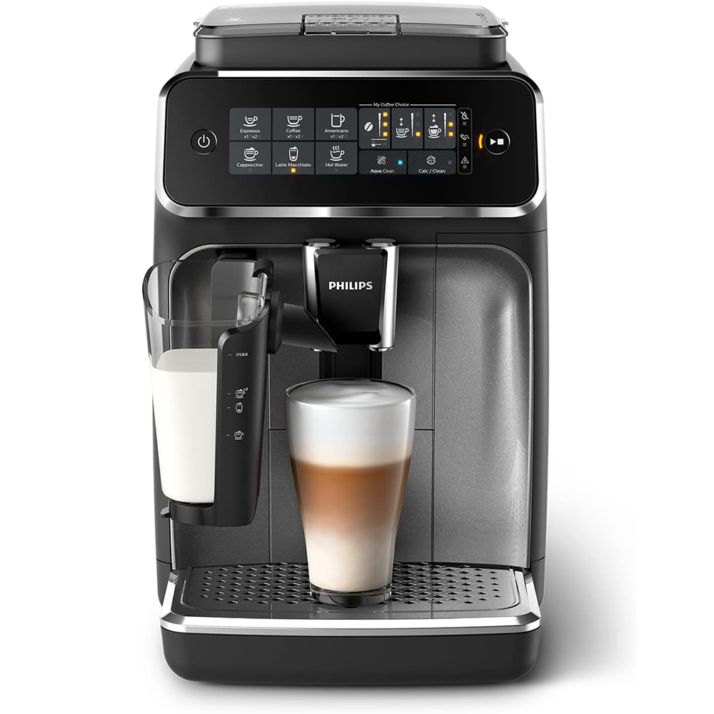Machine à café entièrement automatique Philips série 3200 EP3246/70, 5 cafés de spécialité (système de lait LatteGo), laquée noire et argentée.