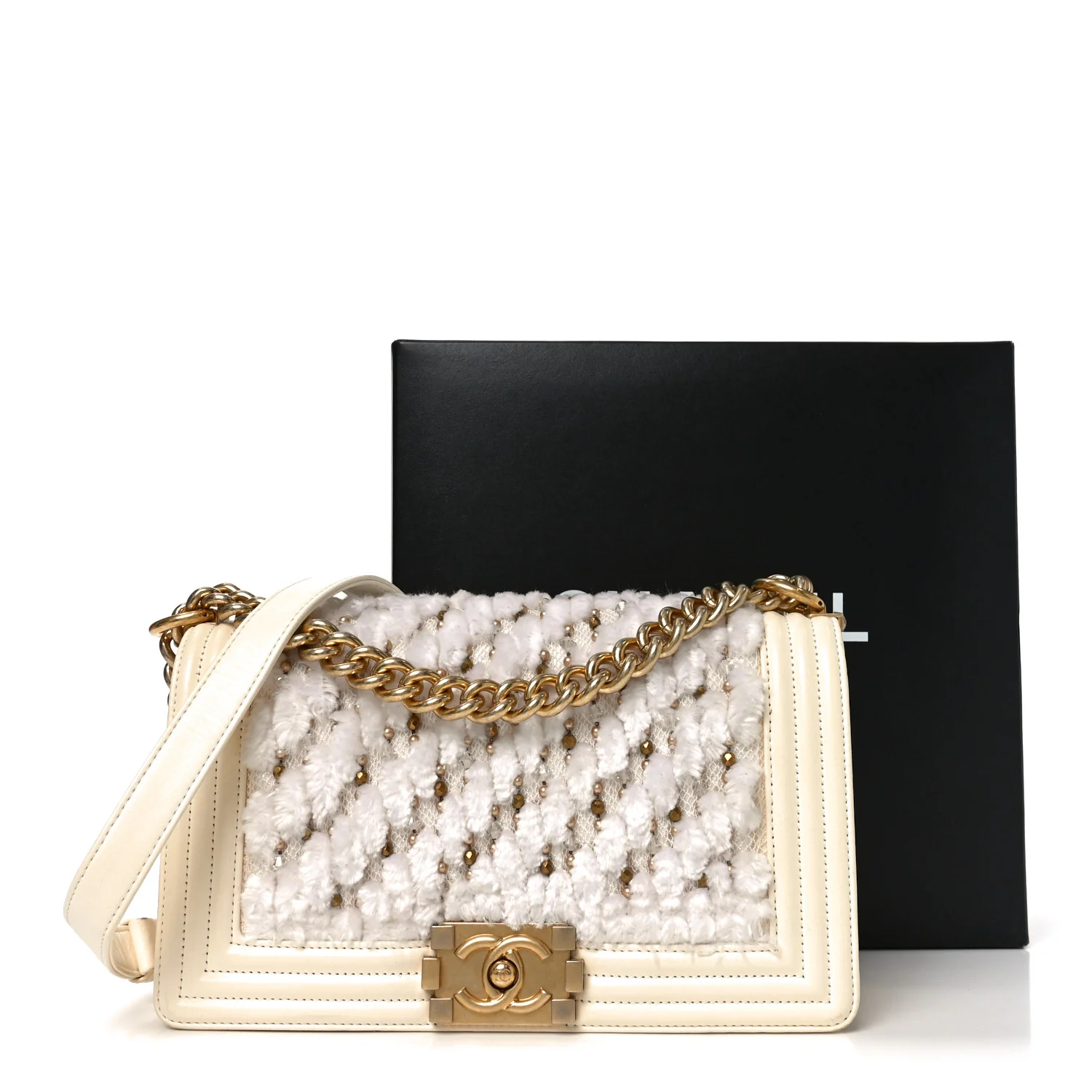 Lambskin Tulle Embroidered Medium Boy Flap White