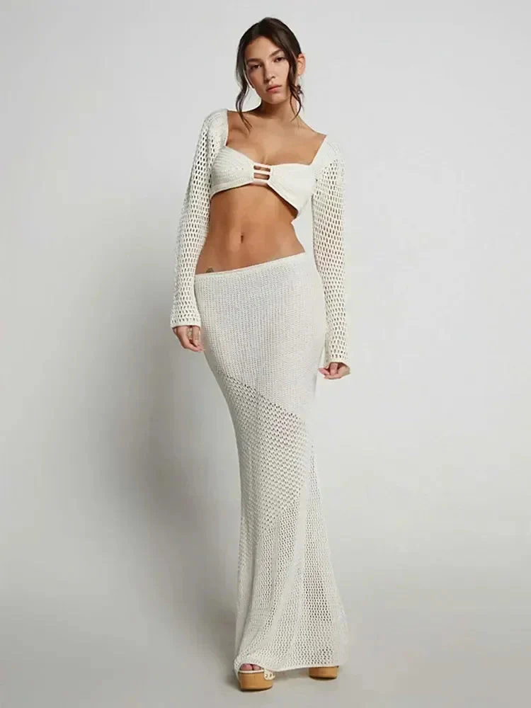 Ensemble jupe maxi 2 pièces en crochet pour femme avec haut à manches longues et découpe