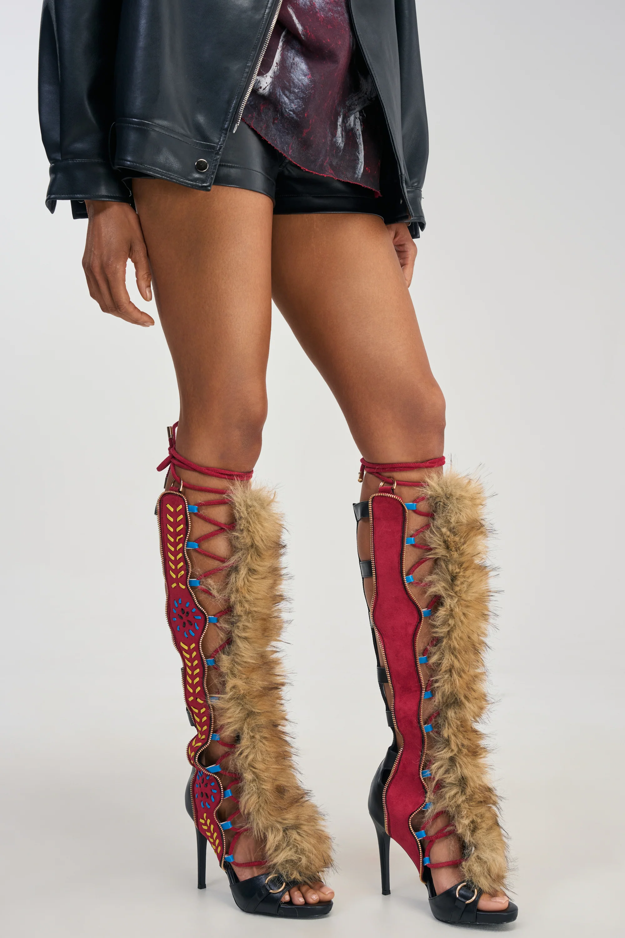 AZALEA WANG SHAINE BLACK MULTI GLADIATOR STITCH AND FUR SANDAL - Akira Store