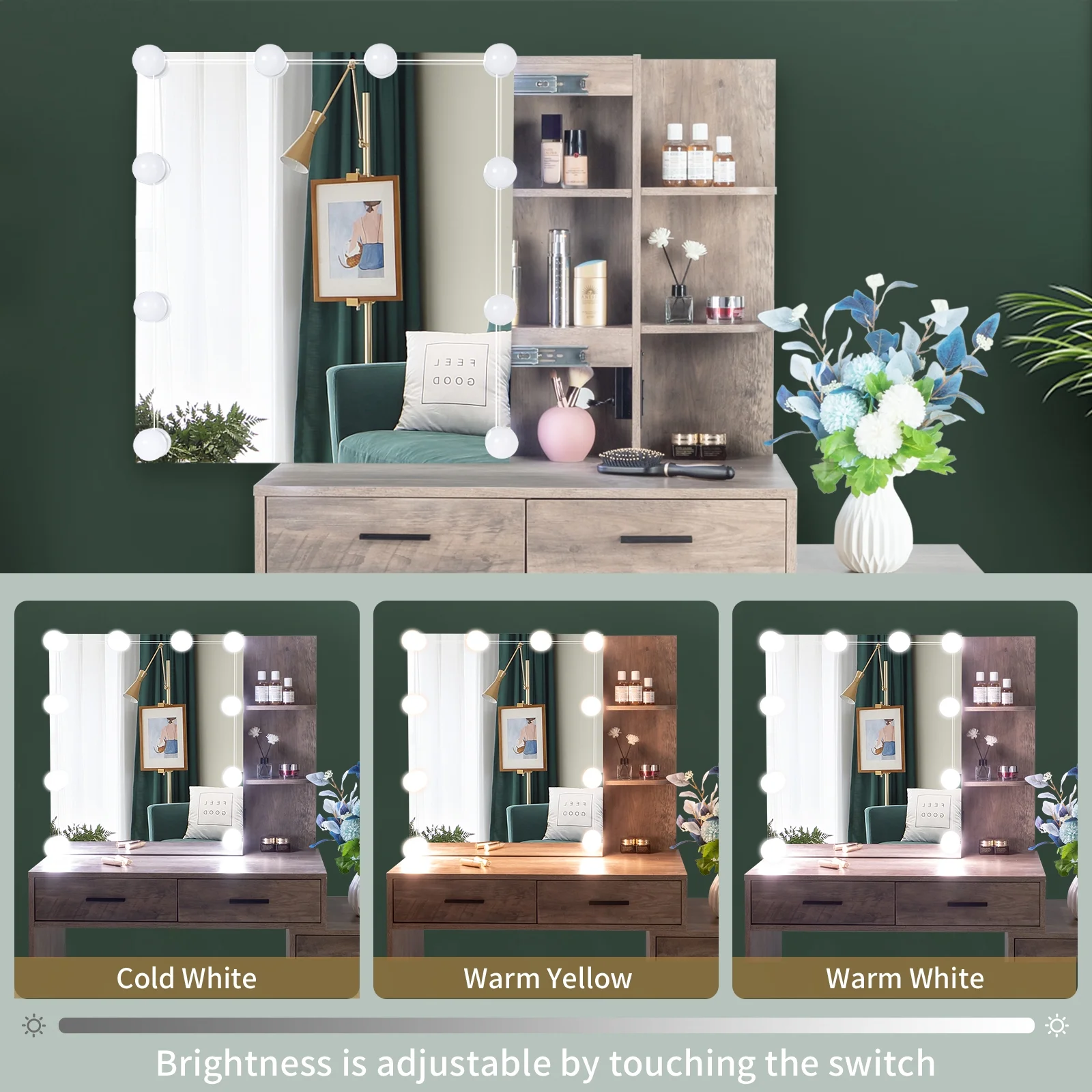 Vanity Set with 3 Color Lighted Mirror Charging Station, Makeup Table with 3 Storage Shelves Drawers, Dressing Table Makeup Desk with Stool,Retro Gray(Type1) - Image 6