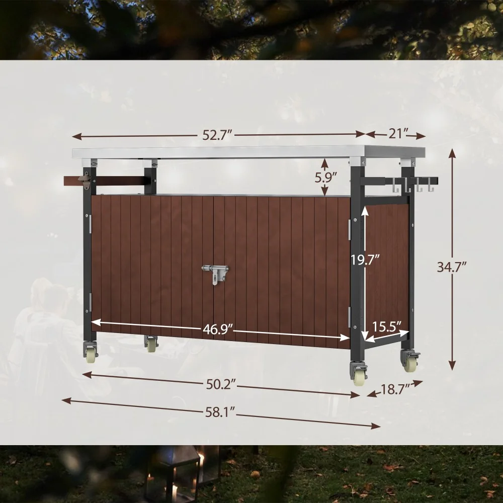 BBQ Grill Storage Cart/Bin, Outdoor Storage Cabinet on Wheels, Metal Kitchen Dining Table Cooking Prep Table with Wheels, Hooks, and Spice Rack, for Patio Island Home Party Bar (Brown)(32.4" W x 18.7" D x 34.7" H) - Image 9