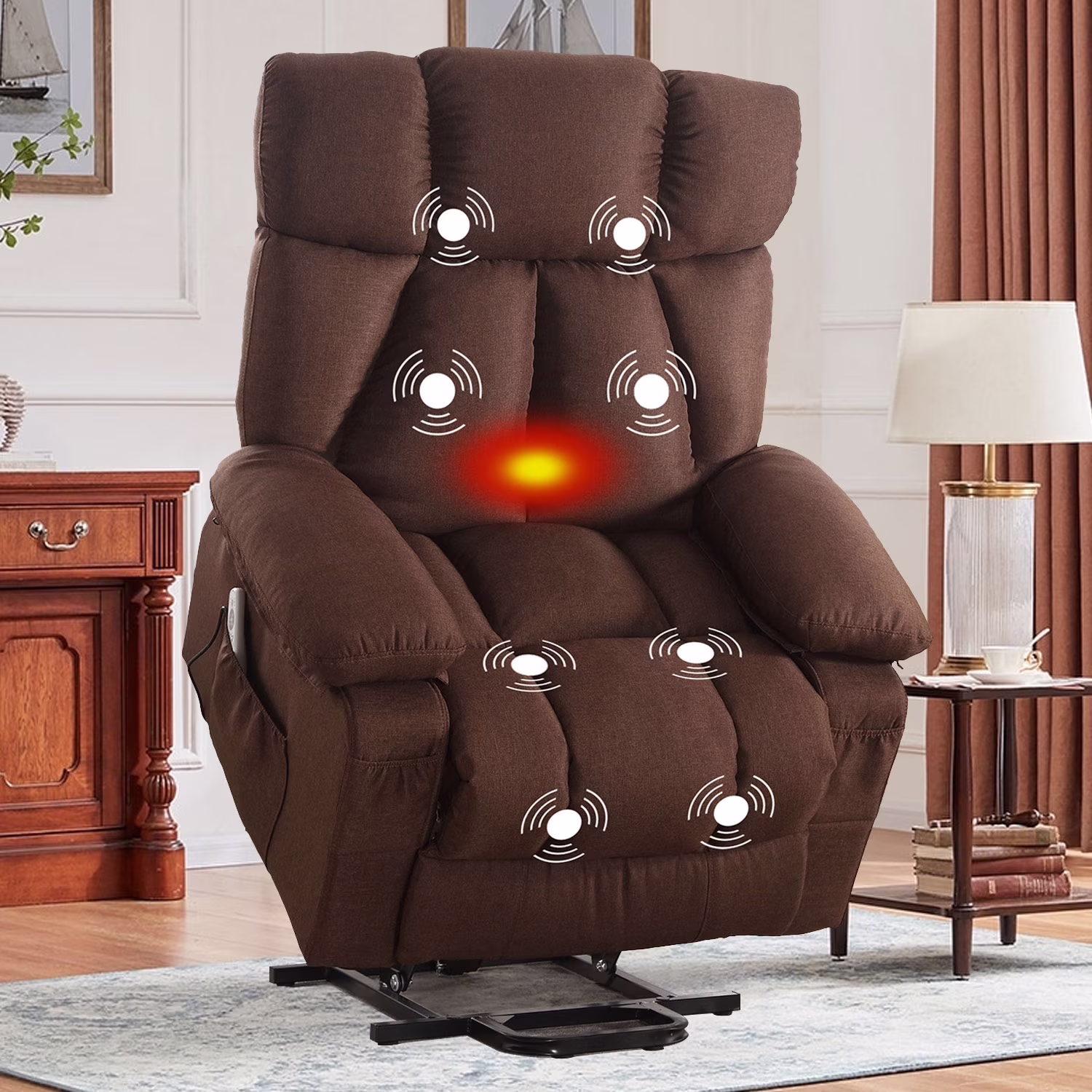 Power Lift Recliner Chair Recliners for Elderly with Heat and Massage Recliner Chair for Living Room with Infinite Position and Side Pocket,USB Charge Port,Brown(Regular-Brown)
