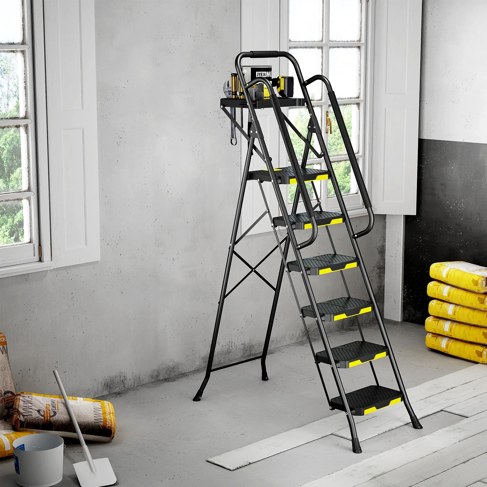 6 Step Ladder, Metal Ladder with Tool PlatformHandrails, 800 lbs Capacity, Black - Image 7