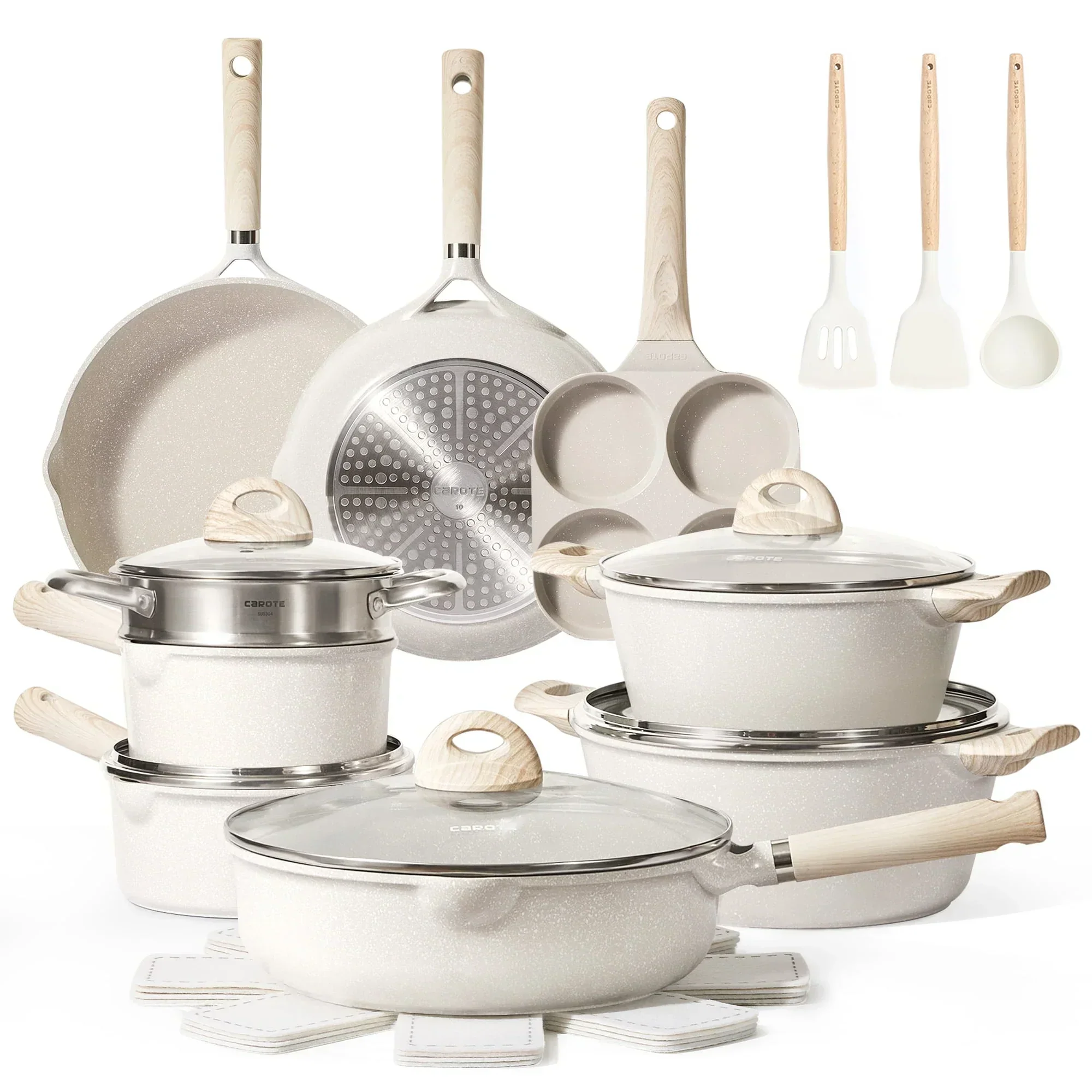 Non Stick Pots and Pans Set. 21 Pcs Induction Kitchen Cookware Sets (Beige Granite)