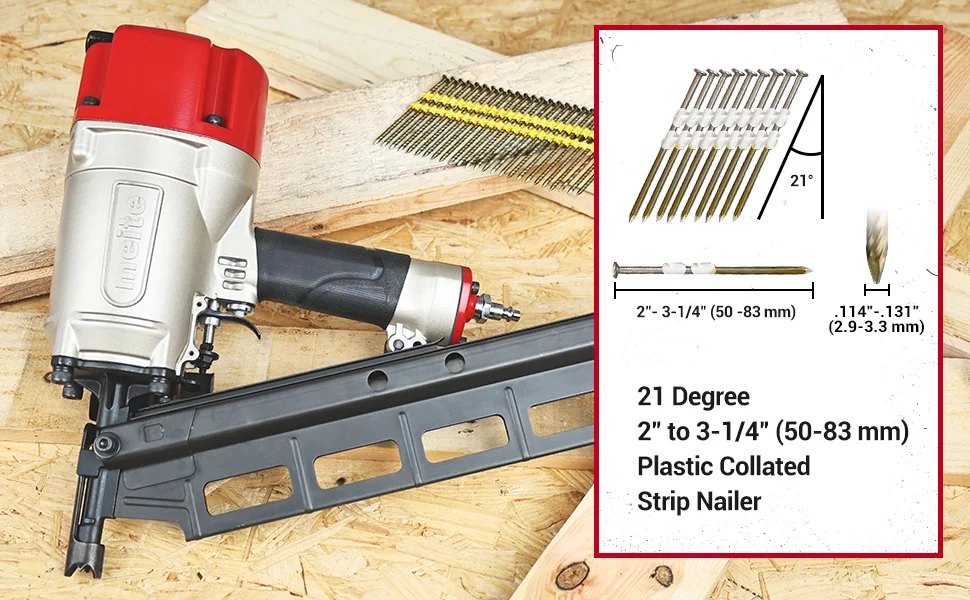 Meite SN2183F Pneumatic Framing Nailer 21 Degree 2 to 3-1/4 Length Plastic Plastic Collated Round Head Framing Nail Gun