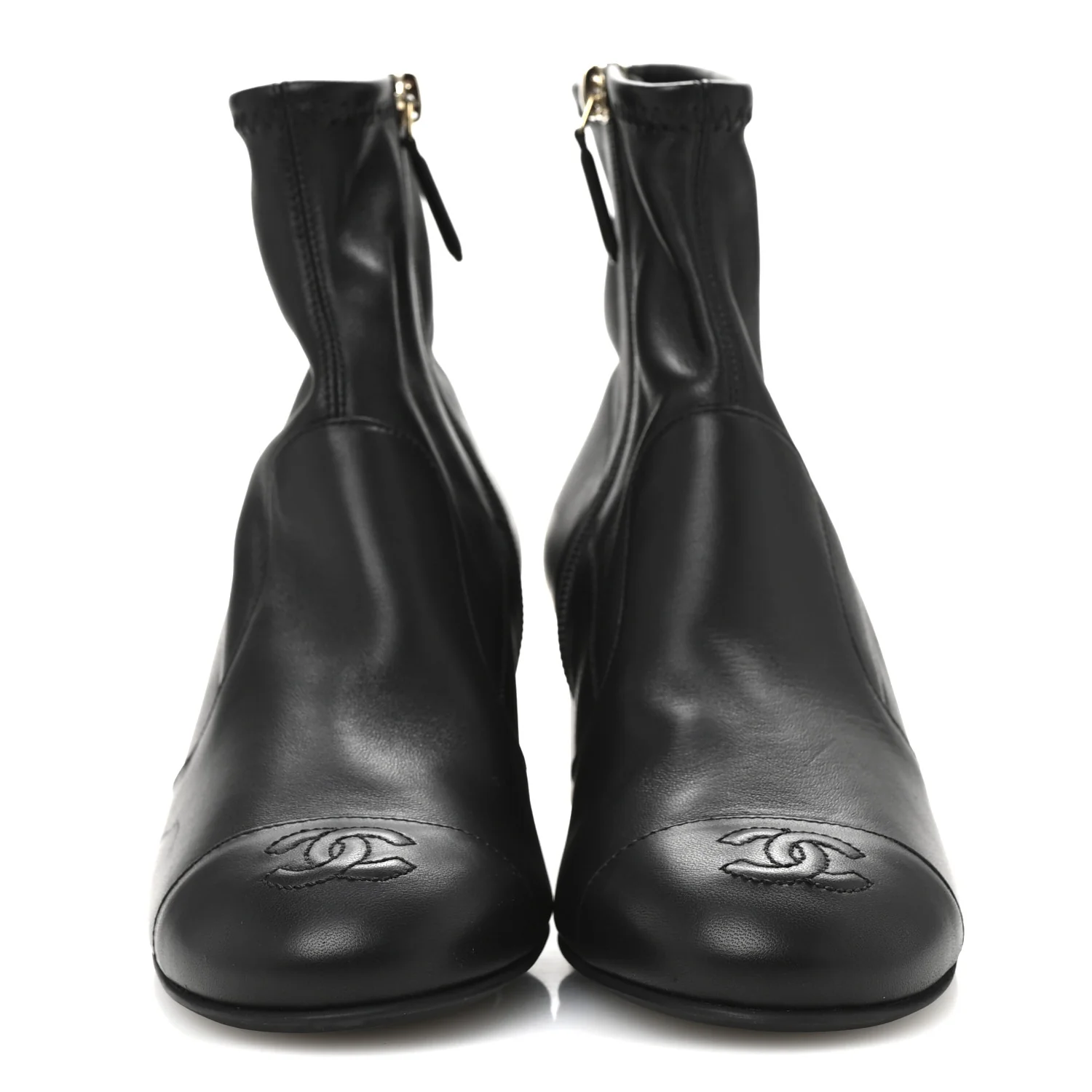 Stretch Lambskin Cap Toe CC Uniform Short Boots 37.5 Black