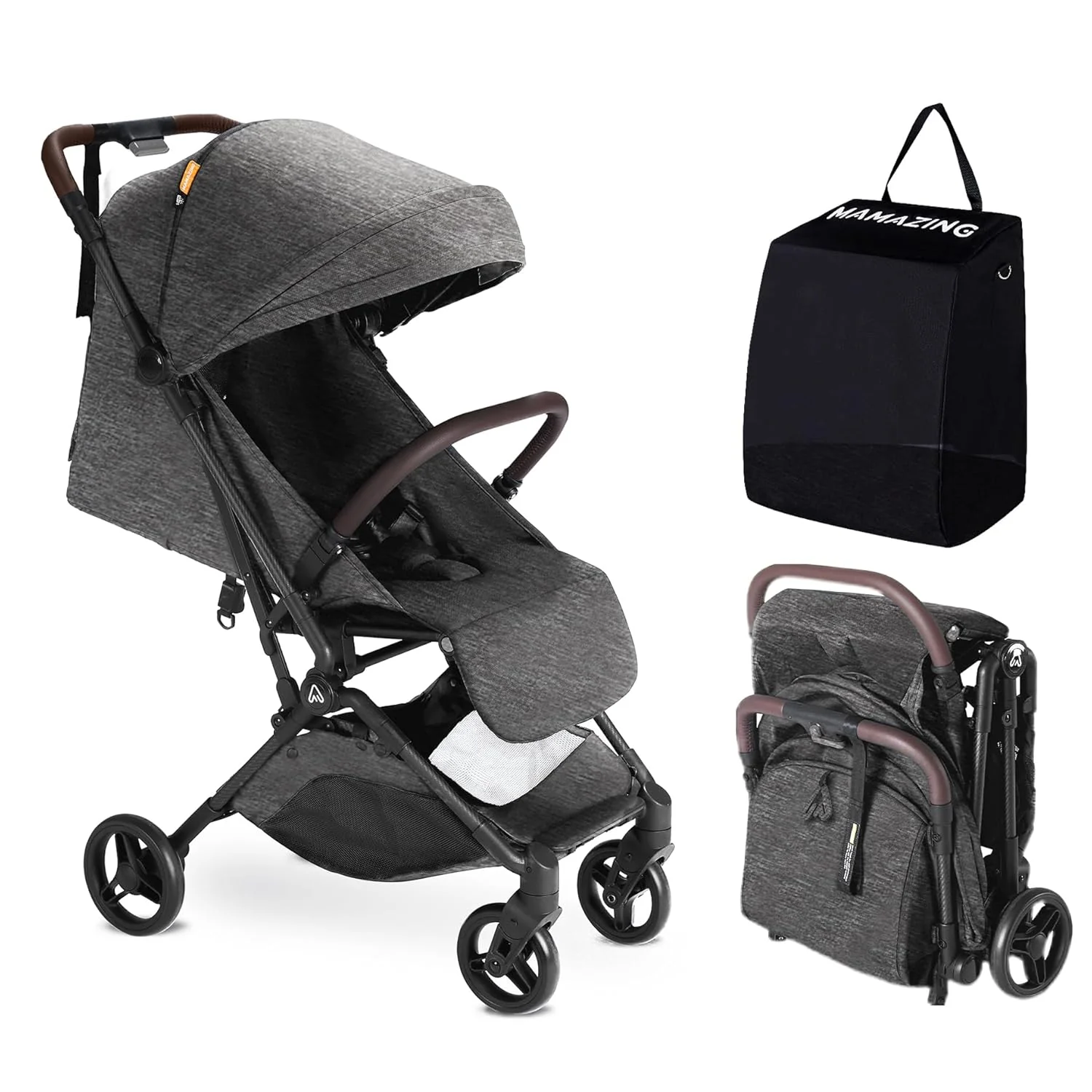 Poussette de voyage légère MAMAZING pour bébé avec cadre en fibre de carbone, compacte et adaptée aux voyages en avion
