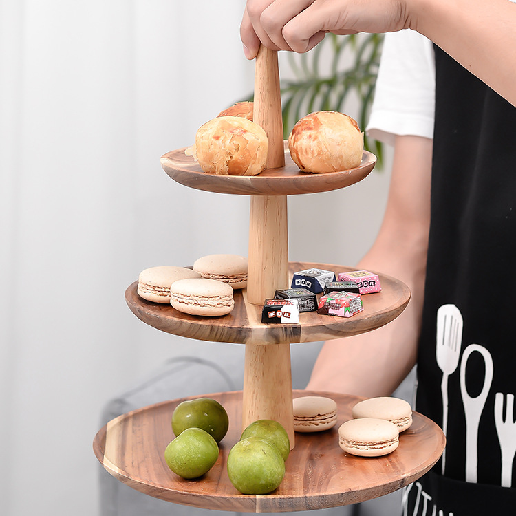 Solid Wood Three-Layer Plate for Hotel Buffet Multi-Level Fruit Snack Pastry Rack Storage Trays