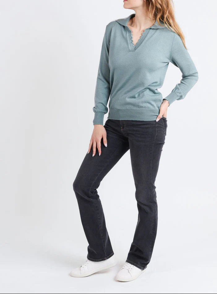 Pull col polo femme en laine mérinos vert