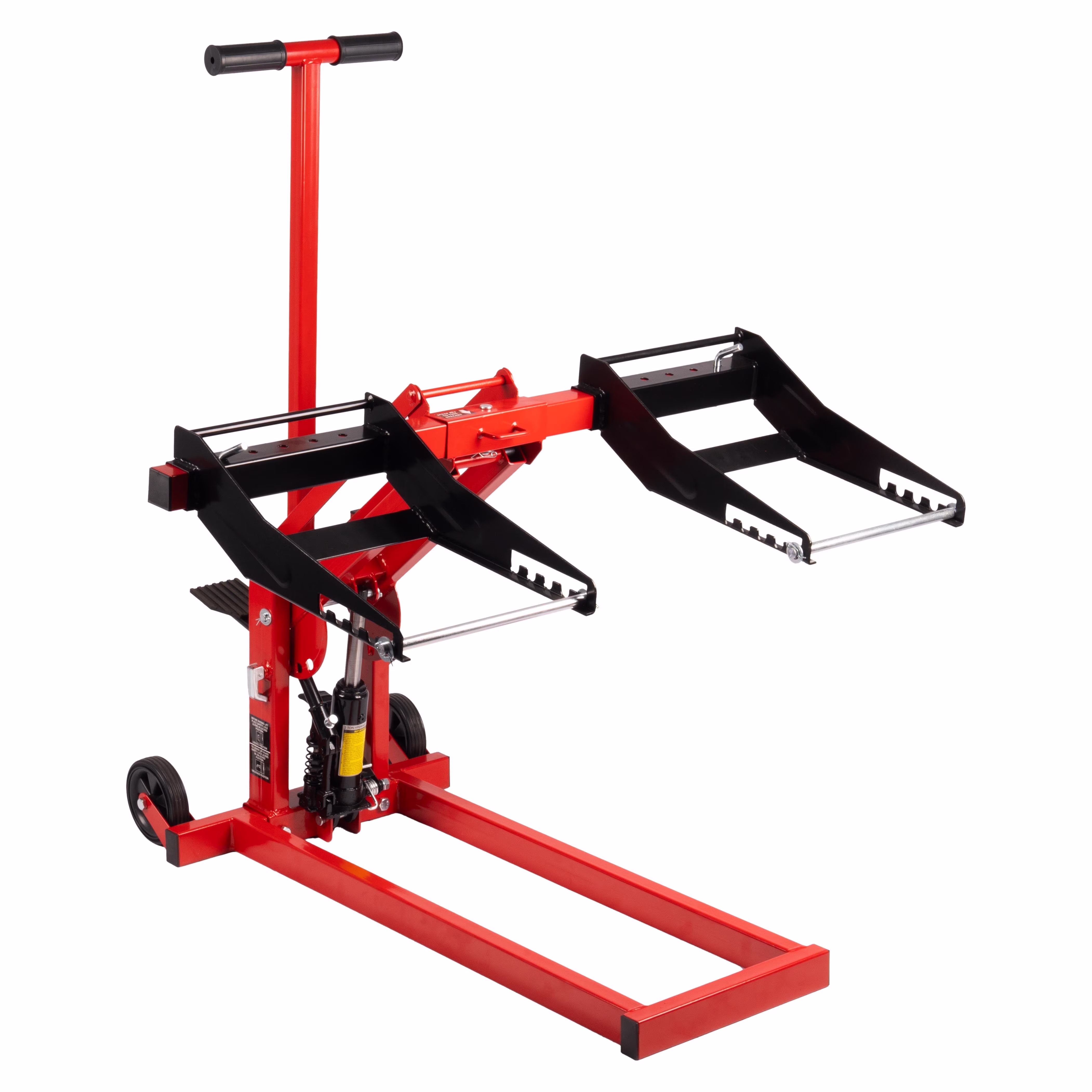 300lb Capacity, Adjustable Riding Lift Jack Heavy Duty Construction with Safety Lock, Non-Slip WheelsHandle for Tractors, Atvs and Zero Turn Lawn Mowers