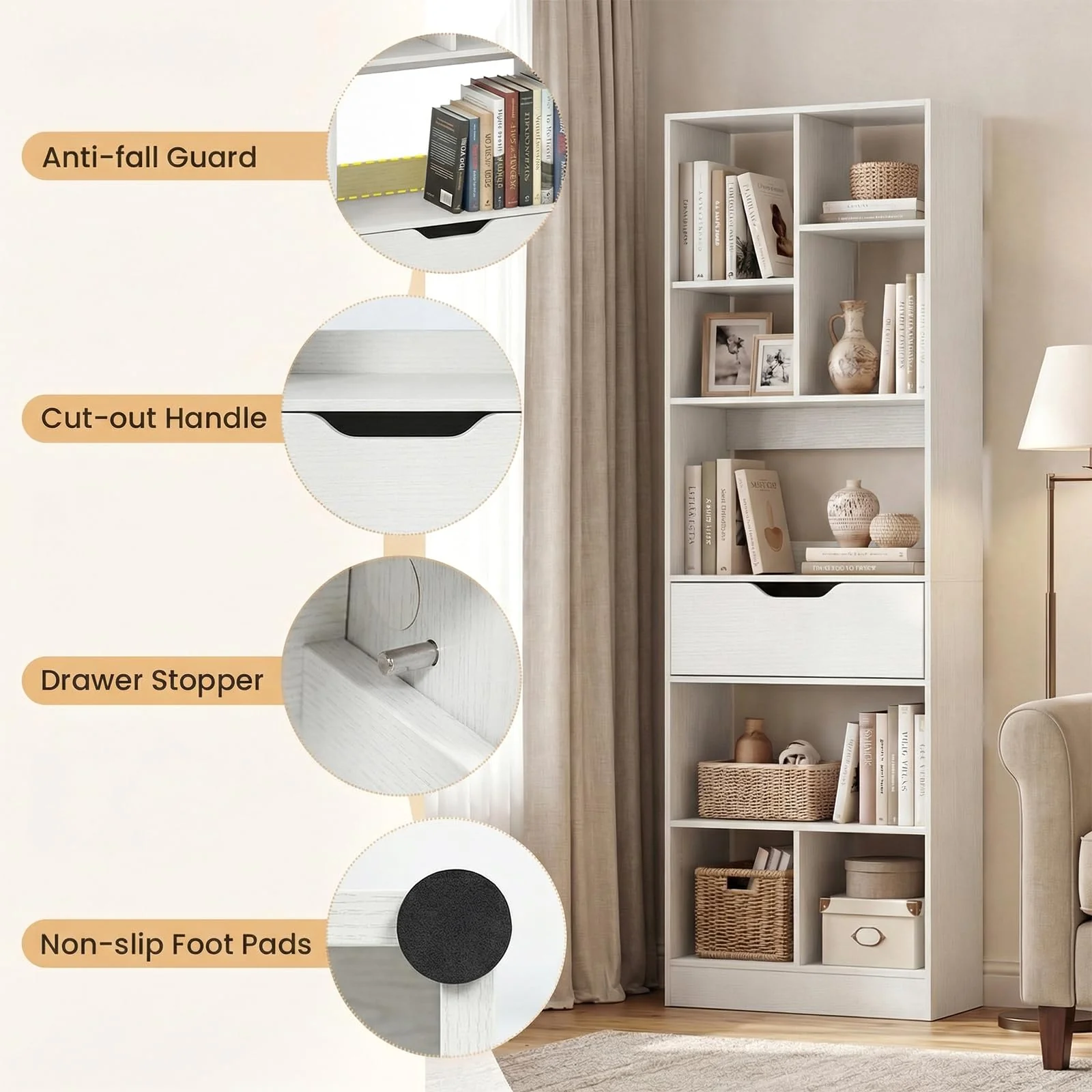 Tangkula 61” Tall Open Bookcase with Drawer(1/2)