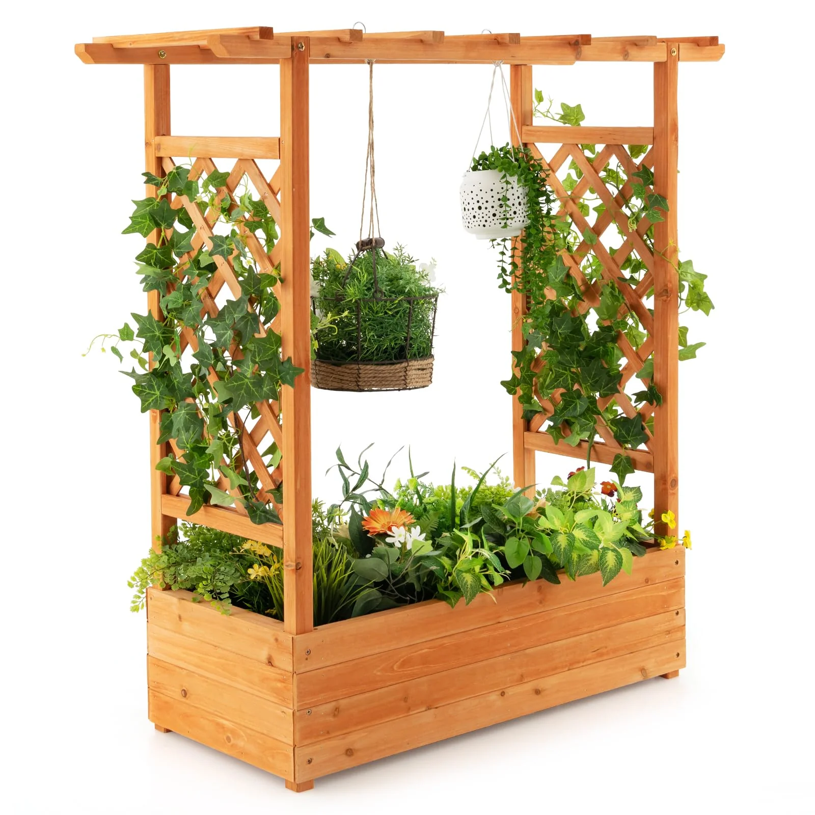 Raised Garden Bed with Arch Trellis & Hanging Roof, Freestanding Fir Wood Elevated Planter Box with Drainage Holes for Climbing Plants Flowers Vines